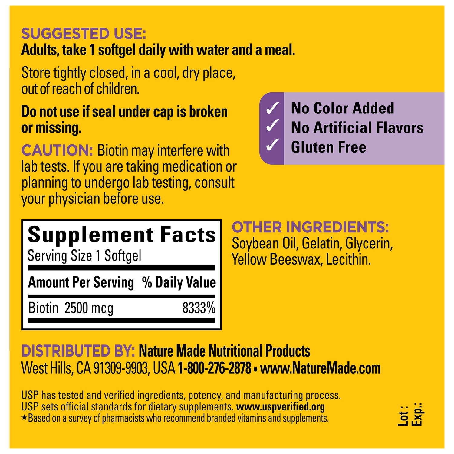 Biotin Extra Strength 2500 mcg Softgels | Nature Made Biotin 2500 mcg Softgels Supplement Facts label with text on a yellow background.
