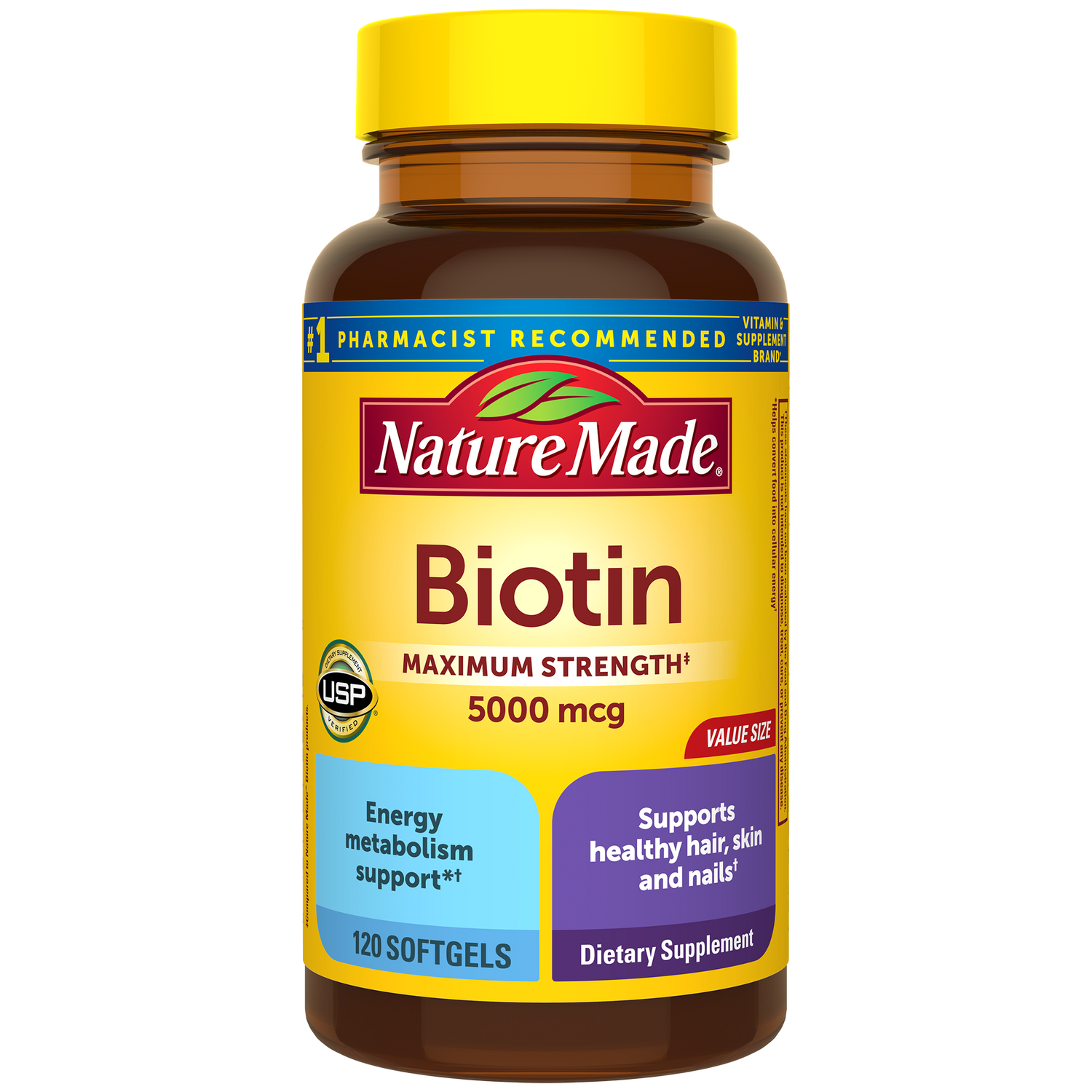 Biotin Maximum Strength‡ 5000 mcg Softgels | Nature Made Biotin Maximum Strength 5000 mcg Softgels supplement bottle with Supports healthy skin and hair, energy metabolism support benefit label with a yellow cap.