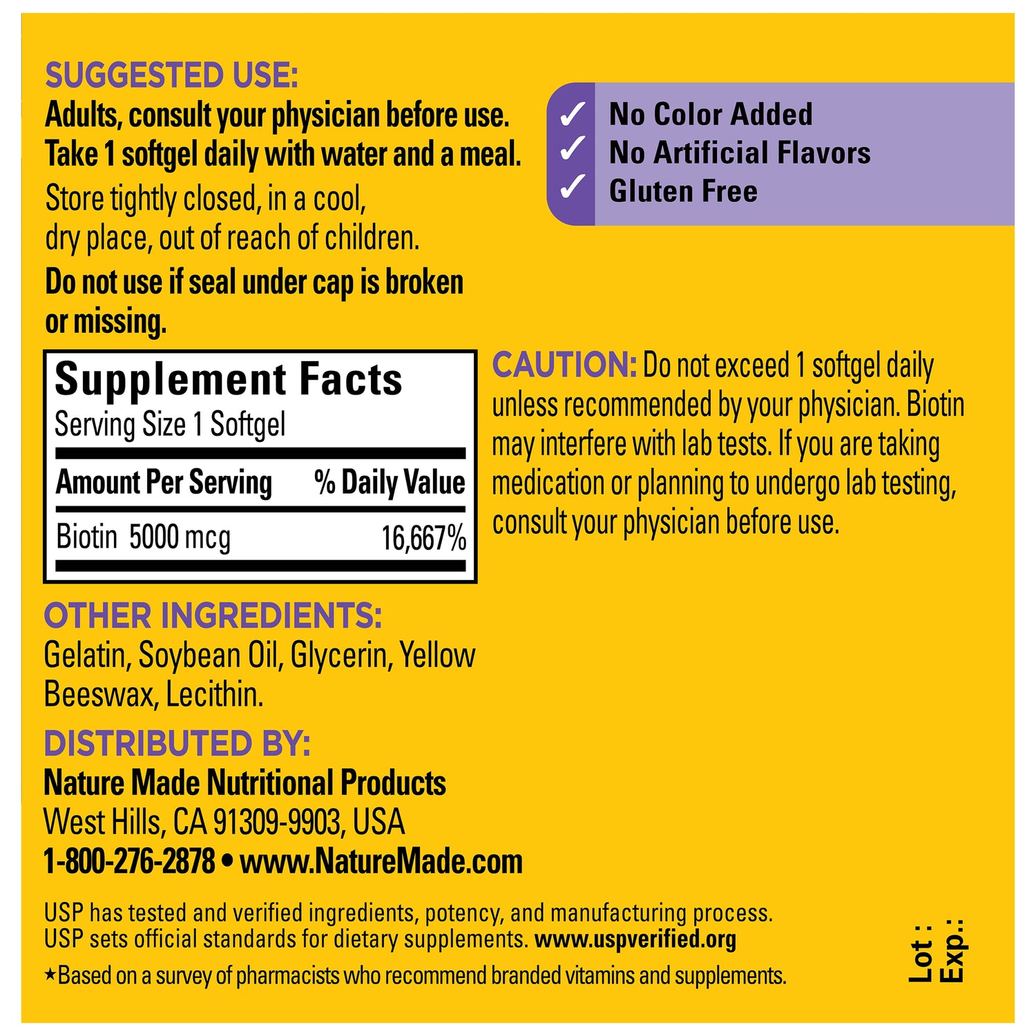 Biotin Maximum Strength‡ 5000 mcg Softgels | Nature Made Biotin 5000 mcg Softgels Supplement Facts label with text on a yellow background.