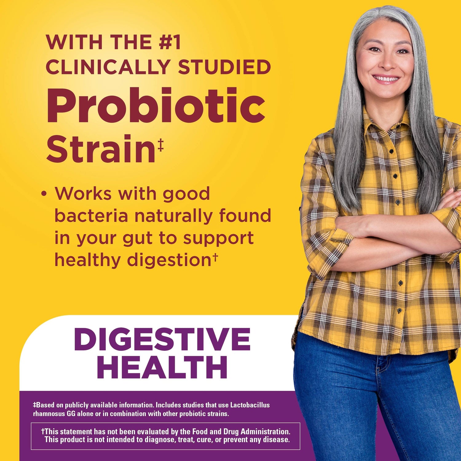 Probiotics Extra Strength 15 Billion CFU from Live Cultures Capsules | Smiling woman with text highlighting clinically studied probiotic strain for digestive health support