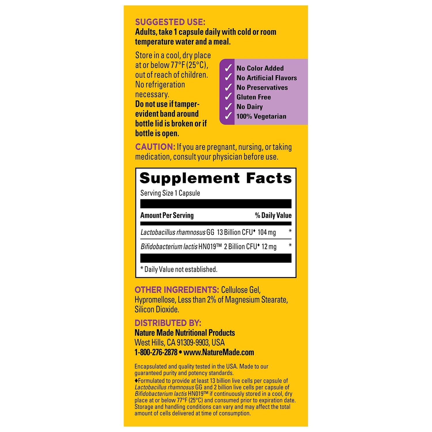 Probiotics Extra Strength 15 Billion CFU from Live Cultures Capsules | Nature Made probiotics supplement facts panel with ingredients, usage directions, and storage instructions