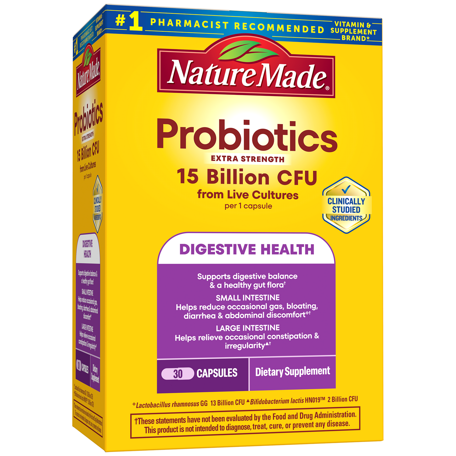 Probiotics Extra Strength 15 Billion CFU from Live Cultures Capsules | Nature Made Extra Strength Probiotics capsules front label with 15 billion CFU for digestive health support