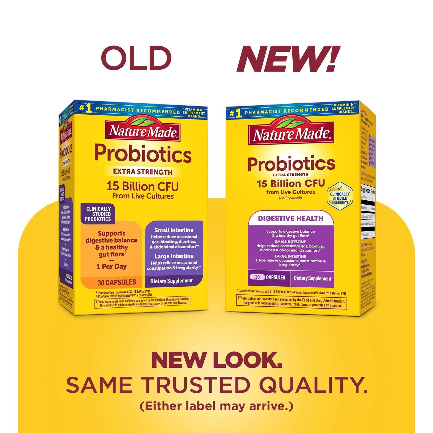Probiotics Extra Strength 15 Billion CFU from Live Cultures Capsules | Nature Made Extra Strength Probiotics capsules old vs new packaging comparison, 15 billion CFU digestive health supplement