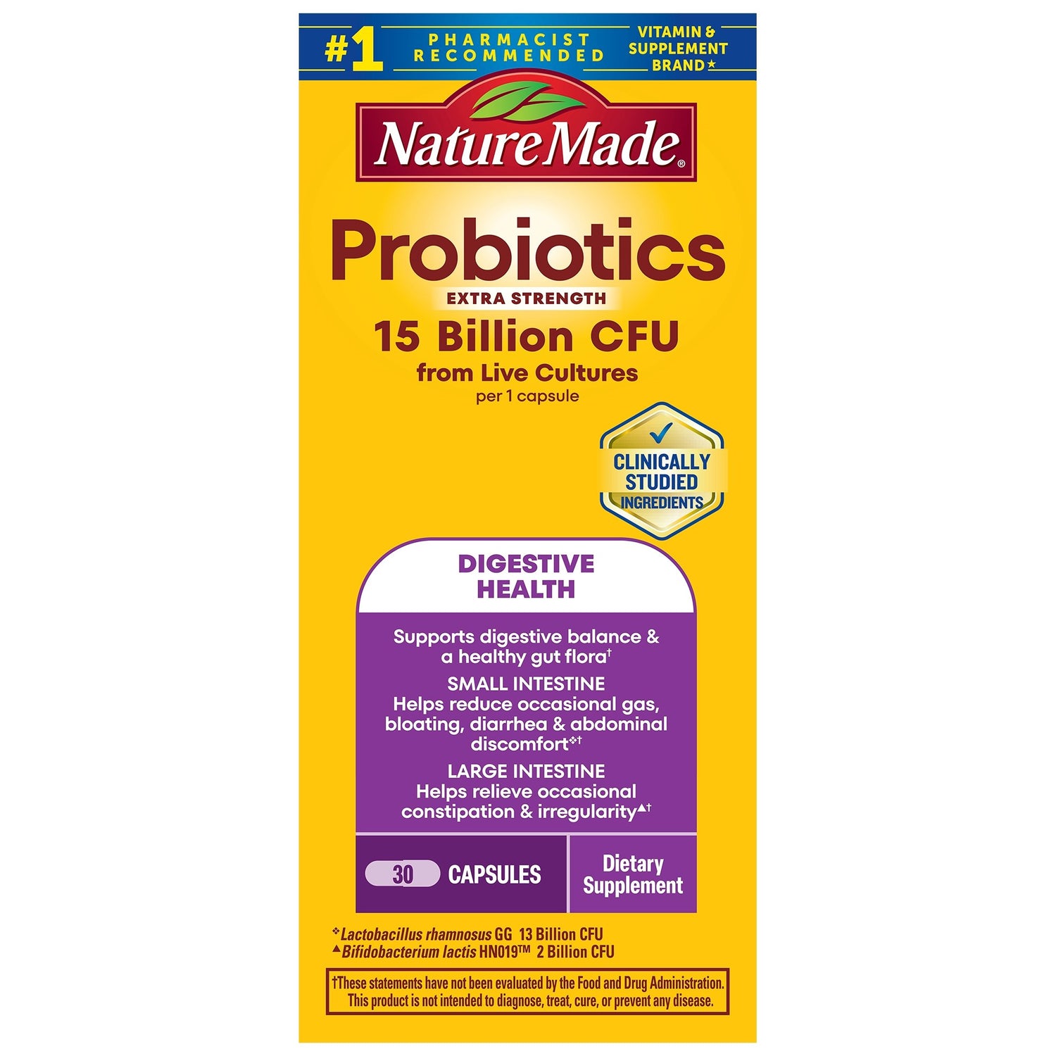 Probiotics Extra Strength 15 Billion CFU from Live Cultures Capsules | Nature Made Extra Strength Probiotics carton angled view with 15 billion CFU and digestive health benefits