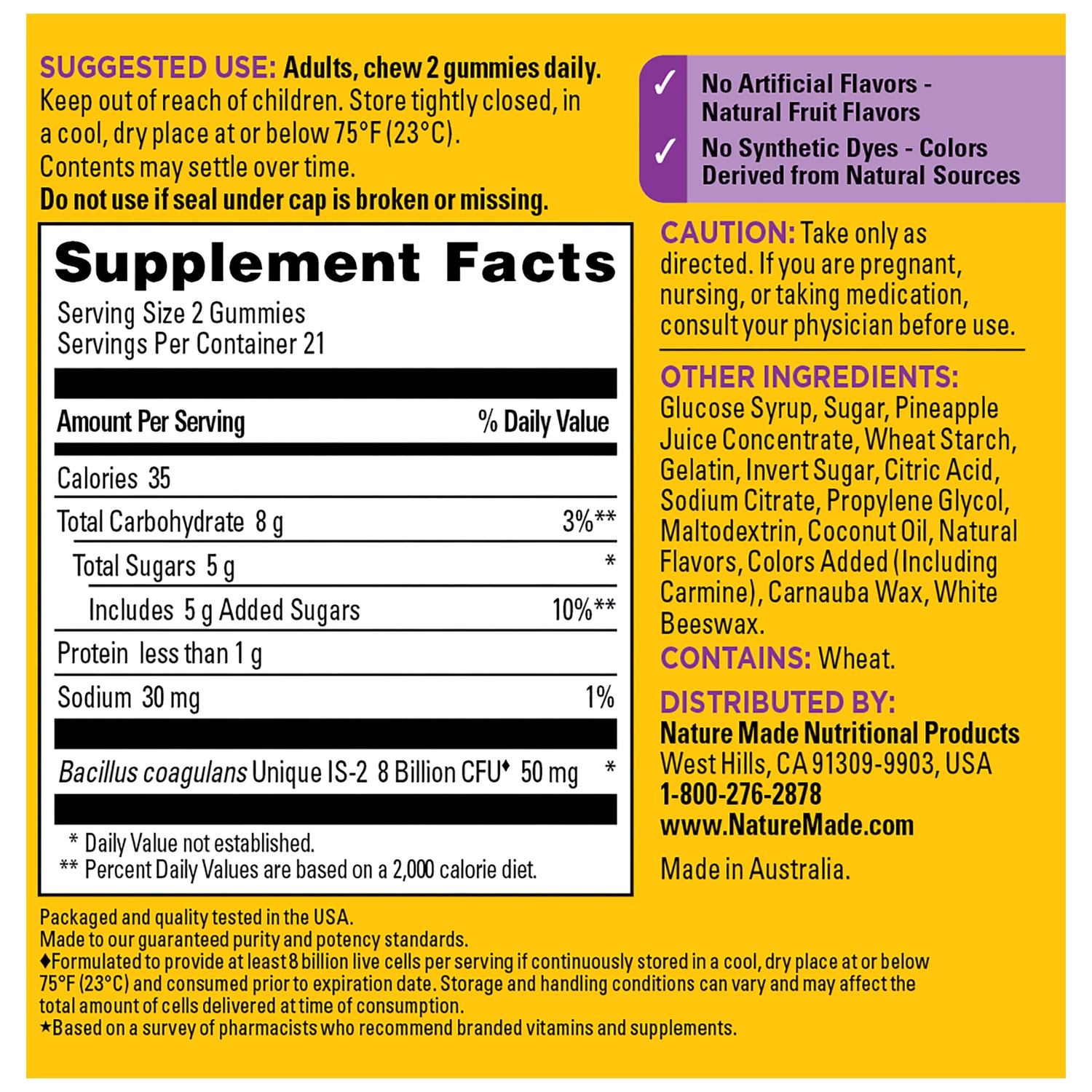Digestive Probiotics 8 Billion CFU per 2 Probiotic Gummies | Digestive Probiotics 8 Billion CFU per 2 Probiotic Gummies Supplement label with ingredients, serving size, and nutritional information on a yellow background