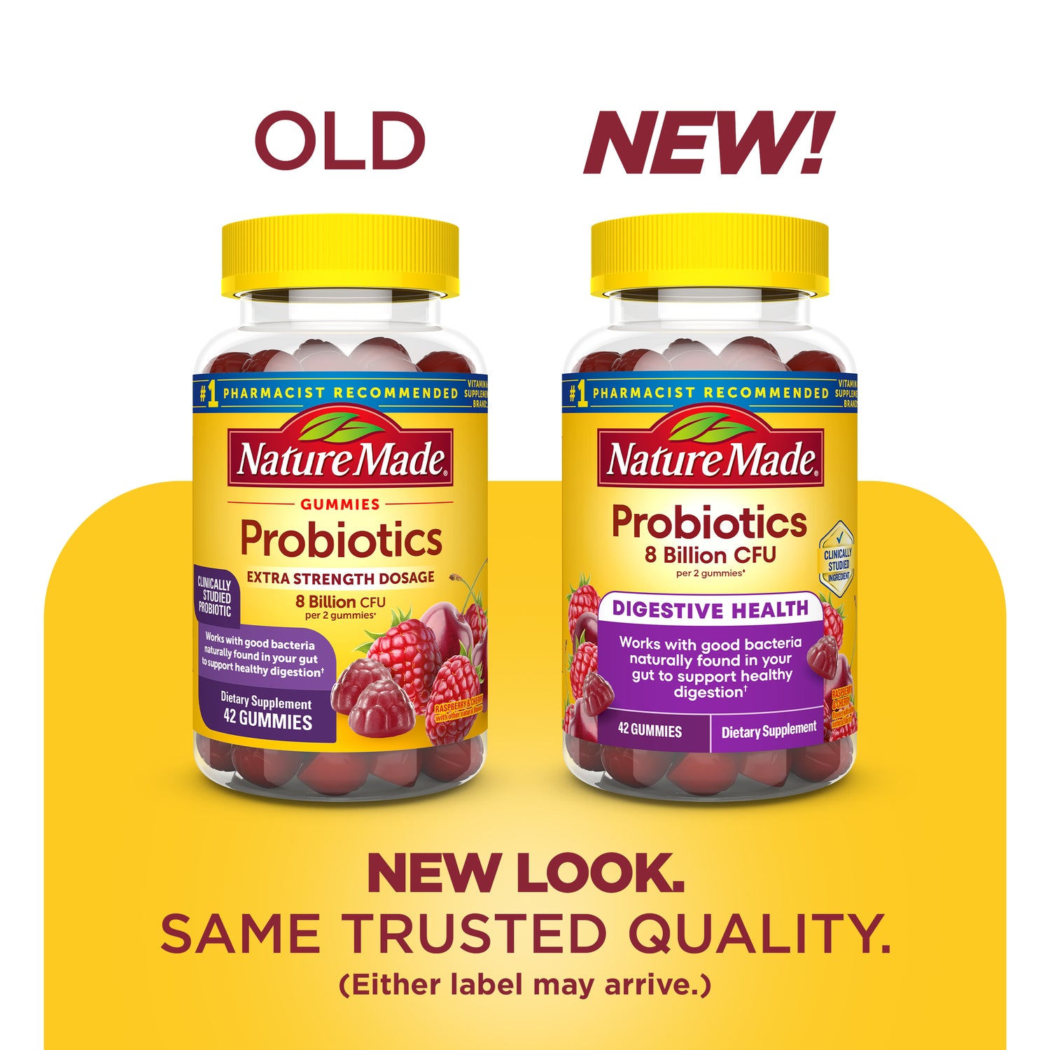Digestive Probiotics 8 Billion CFU per 2 Probiotic Gummies | Two bottles of Nature Made Probiotics with 'Old' and 'New!' labels on a yellow background.