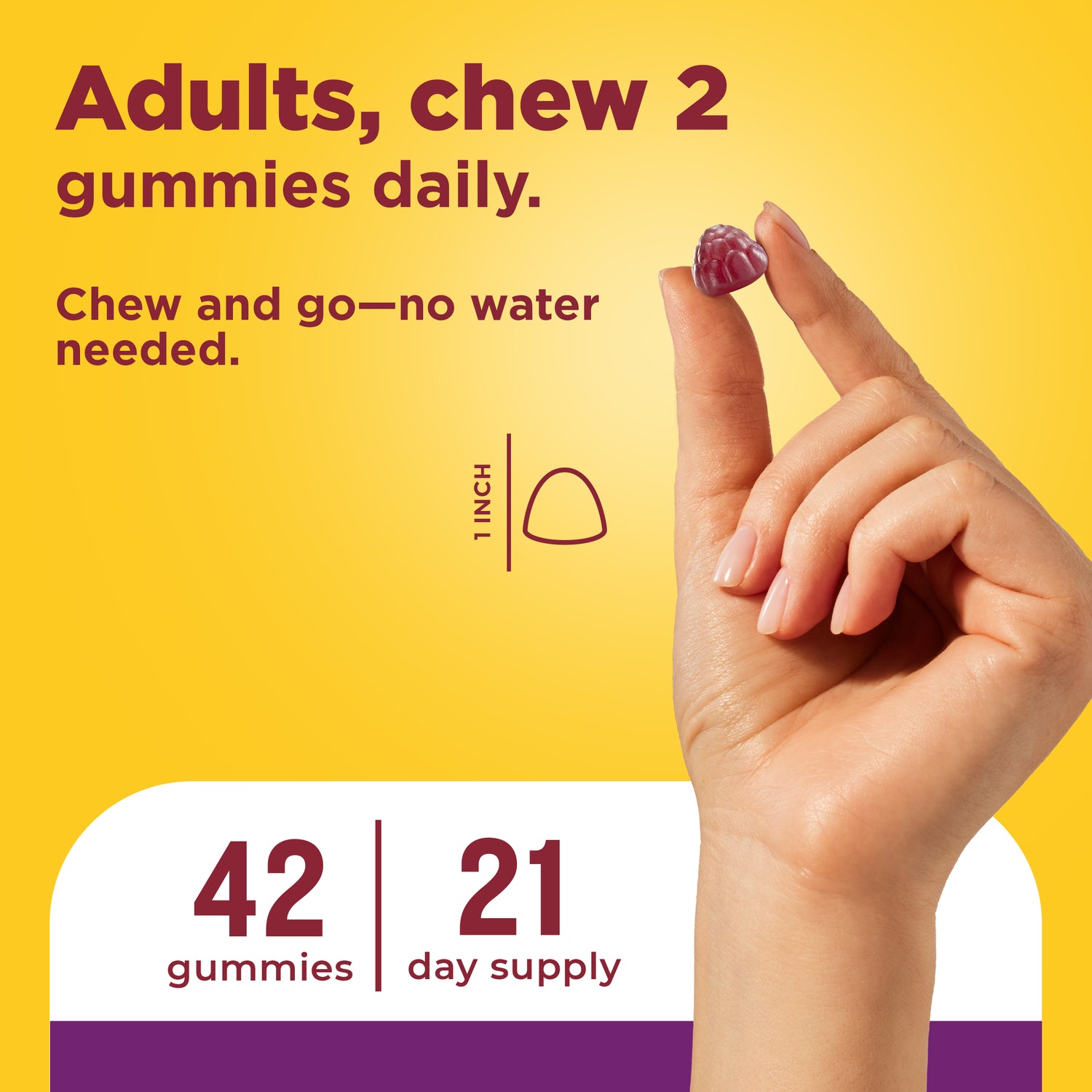 Digestive Probiotics 8 Billion CFU per 2 Probiotic Gummies | Hand holding a Digestive Probiotics 8 Billion CFU per 2 Probiotic gummy with text about daily gummy consumption on a yellow background