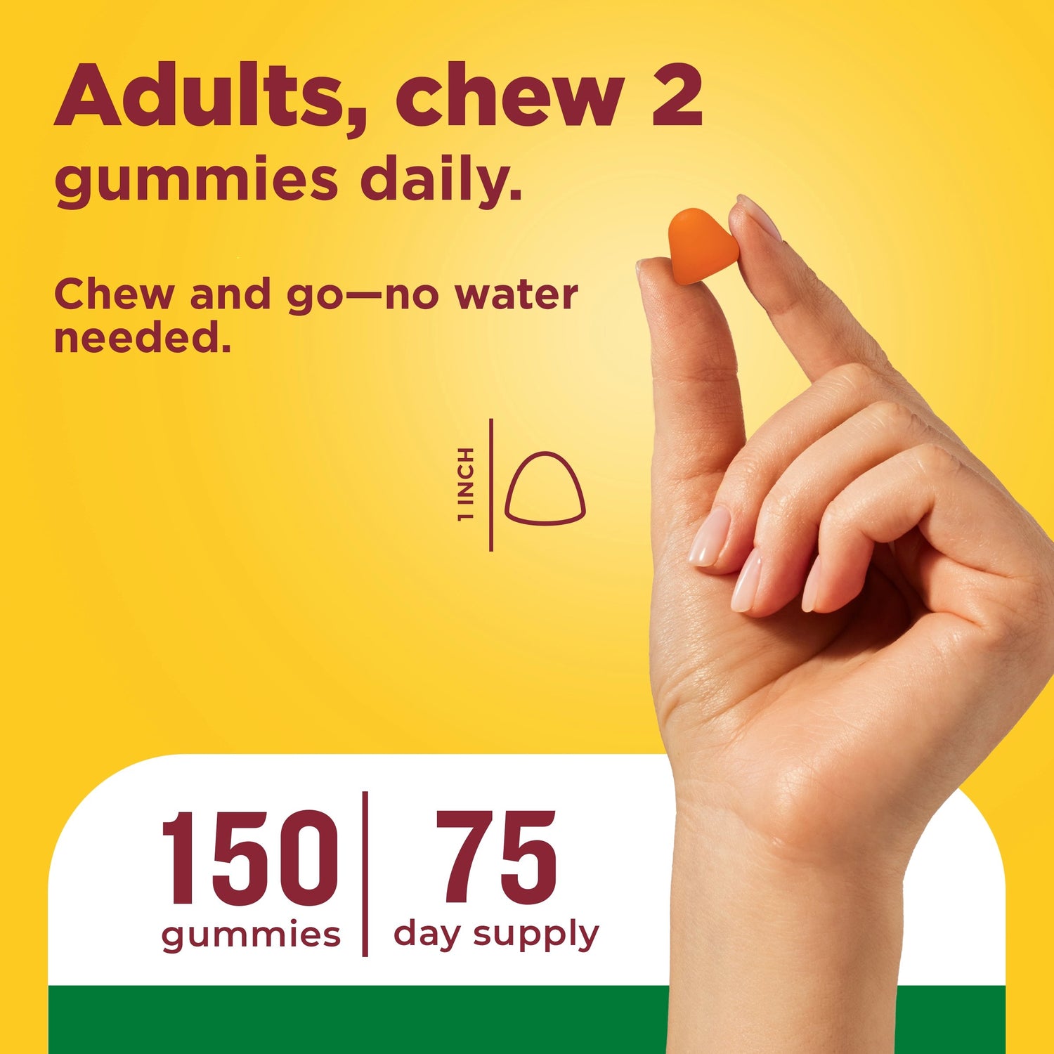 Multivitamin Gummies | Hand holding an orange Nature Made Adult Multi gummy showing 1-inch size and daily serving information