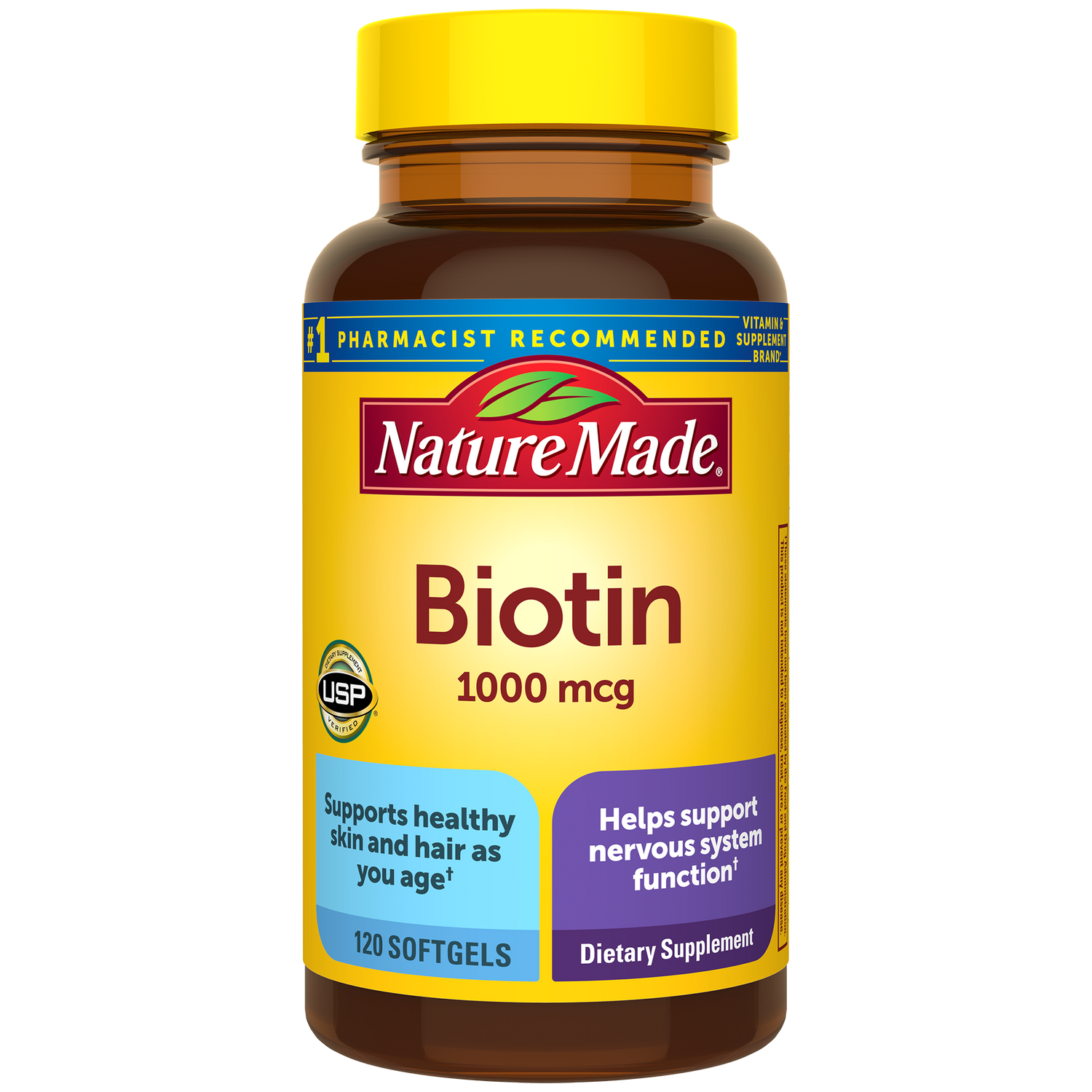 Biotin 1000 mcg Softgels | Nature Made Biotin 1000 mcg supplement bottle with Supports healthy skin and hair as you age, helps support nervous system function  benefit label with a yellow cap.