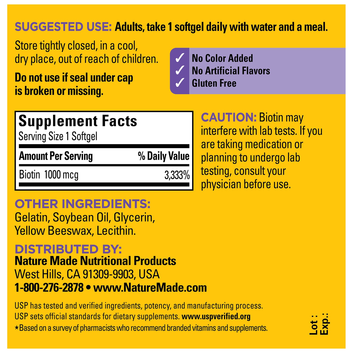 Biotin 1000 mcg Softgels | Biotin 1000 mcg Softgels Supplement Facts label with text on a yellow background.