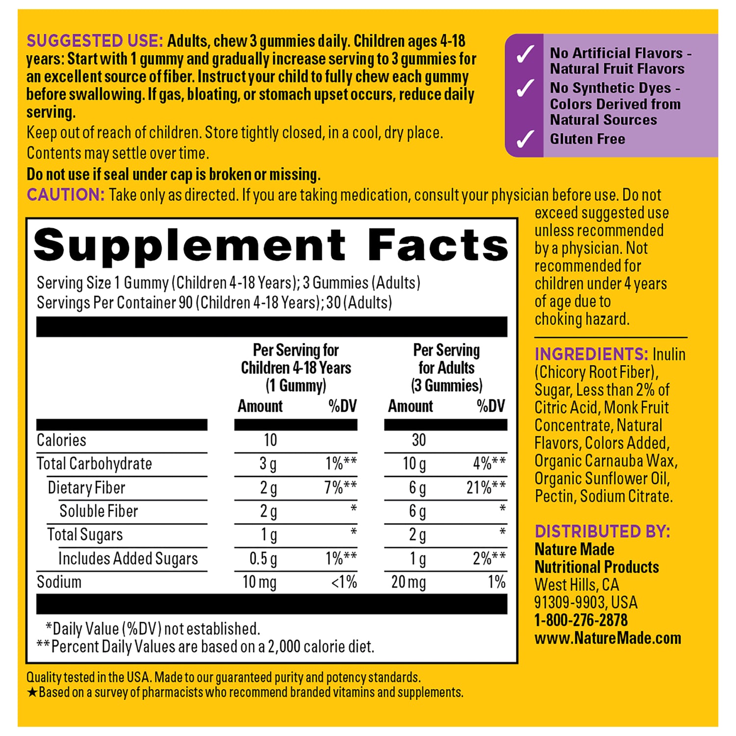 Prebiotic Fiber Gummies | Nature Made Prebiotic Fiber Gummies Supplement Facts panel showing fiber content, ingredients, directions, and usage warnings.