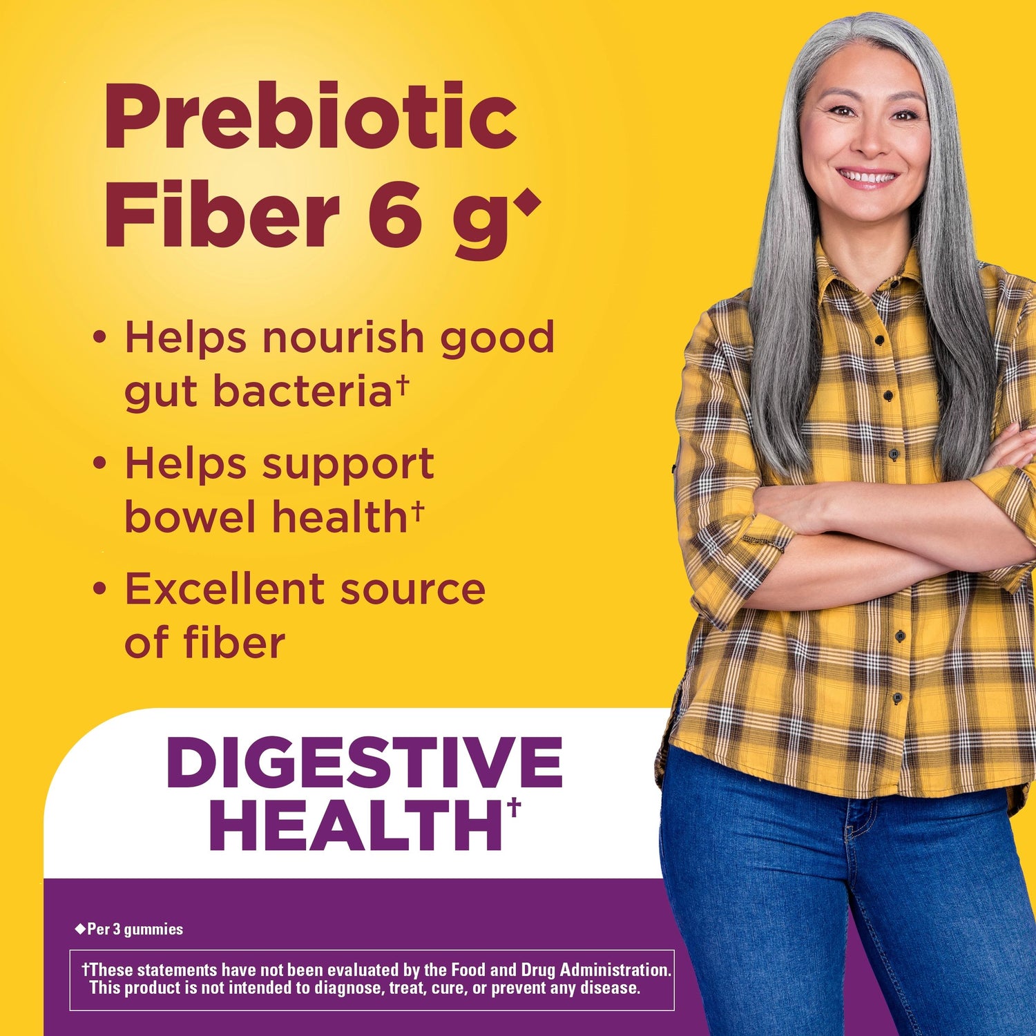 Prebiotic Fiber Gummies | Person wearing a yellow plaid shirt with text about Prebiotic fiber gummies with 6g fiber supporting digestive health and gut bacteria.