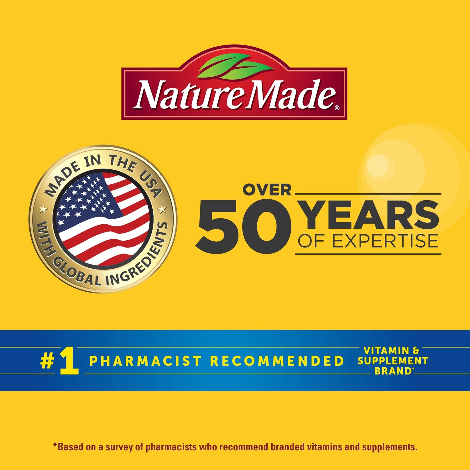 Prebiotic Fiber Gummies | Nature Made brand logo with Made in the USA and Over 50 Years of Expertise badges on a yellow background with a #1 pharmacist recommended vitamin & supplement brand banner.