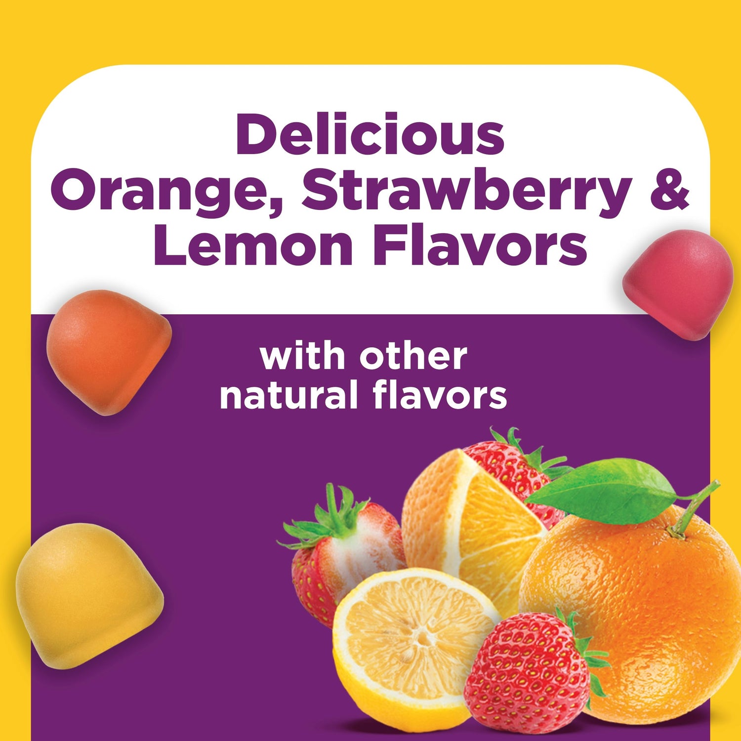 Prebiotic Fiber Gummies | Prebiotic gummies in orange, strawberry, and lemon flavors with fresh fruit imagery.