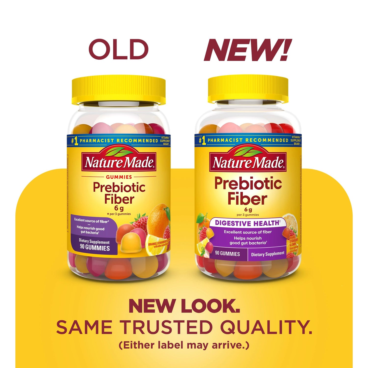 Prebiotic Fiber Gummies | Nature Made Prebiotic Fiber Gummies old vs new packaging, same trusted quality callout.