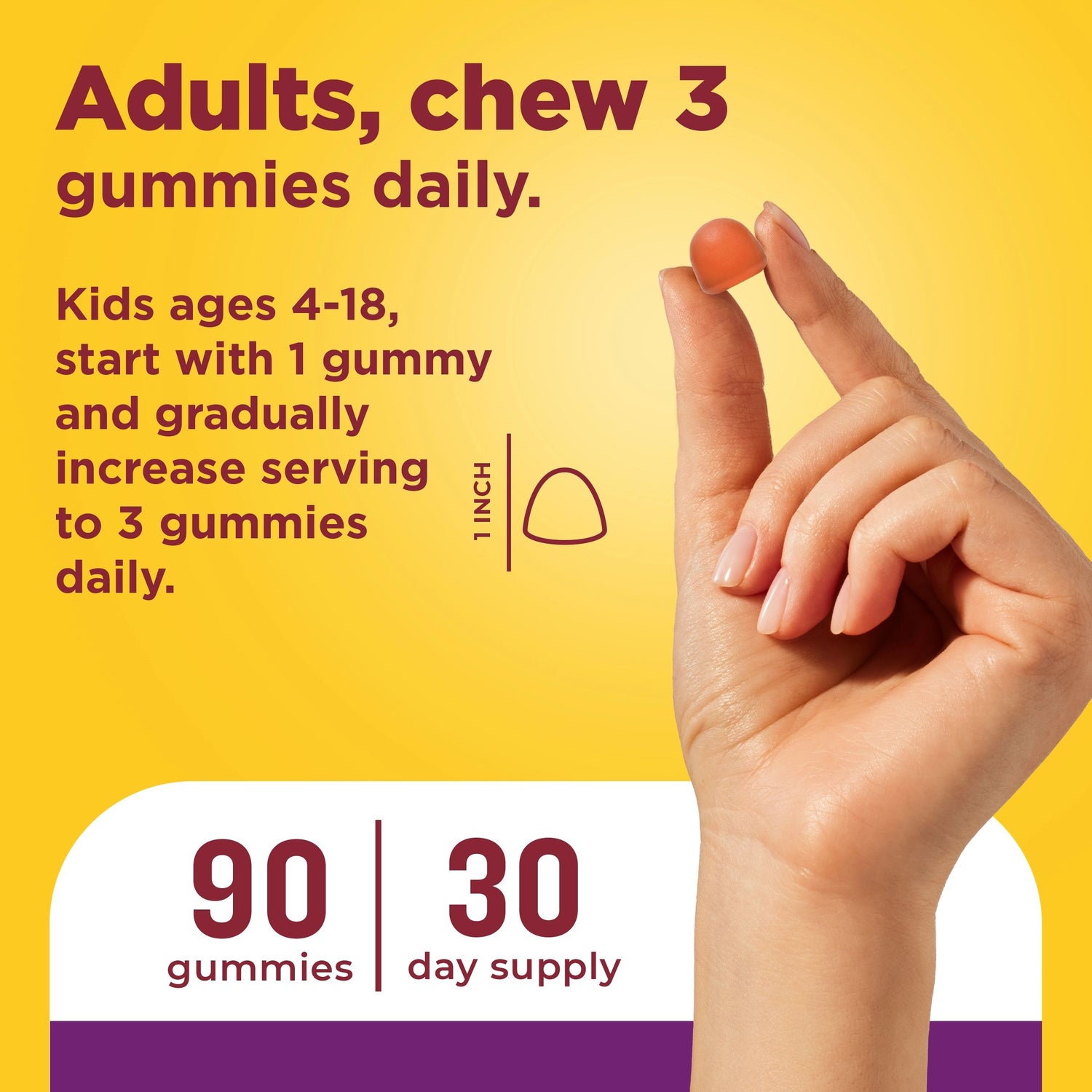 Prebiotic Fiber Gummies | Hand holding gummy with directions: adults chew 3 daily; kids 4–18 start with 1 and increase.