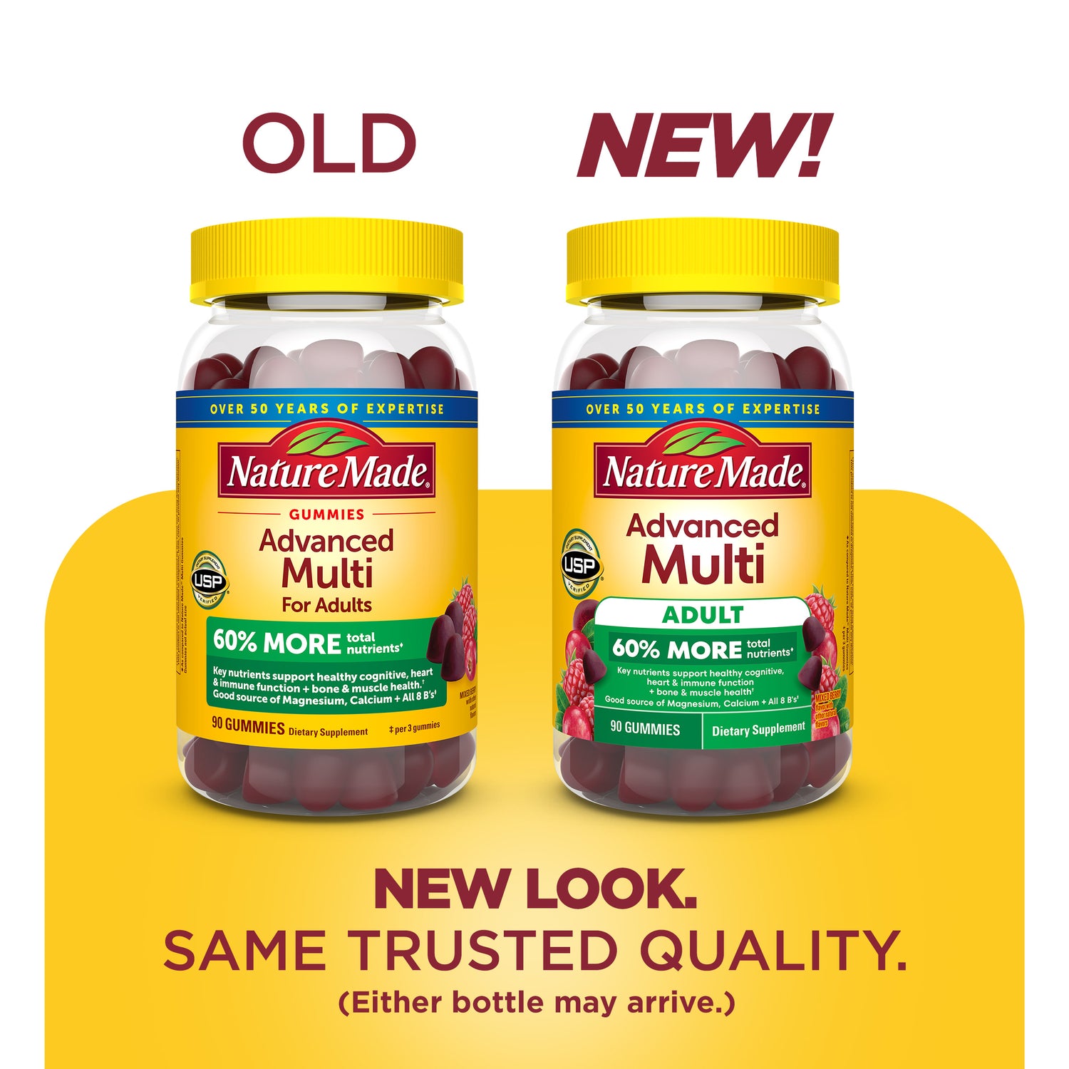 Advanced Multivitamin For Adults Gummies | Two bottles of Nature Made Advanced Multi gummies on a yellow background with text indicating a new look.