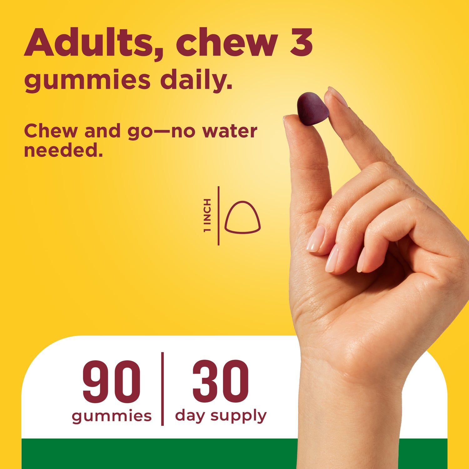 Advanced Multivitamin For Adults Gummies | Hand holding a gummy with text about daily intake and supply on a yellow background