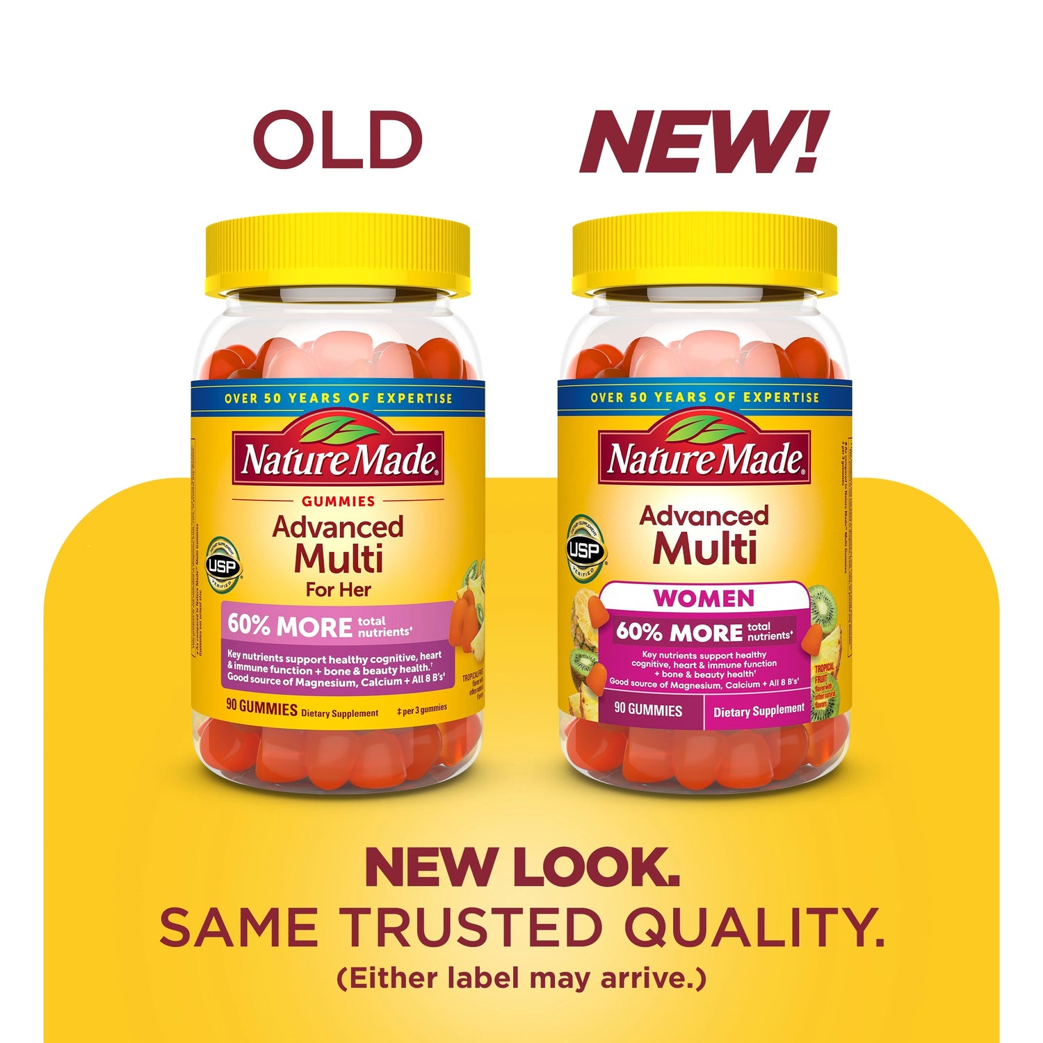 Women's Advanced Multivitamin Gummies | Nature Made Advanced Multi Women Gummies old and new packaging comparison with same trusted quality