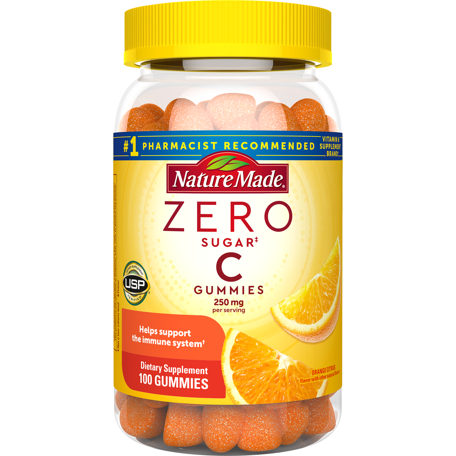 Zero Sugar‡ Vitamin C Gummies 250 Mg Per Serving | Nature Made Zero Sugar C Gummies bottle with yellow lid and orange slices on label