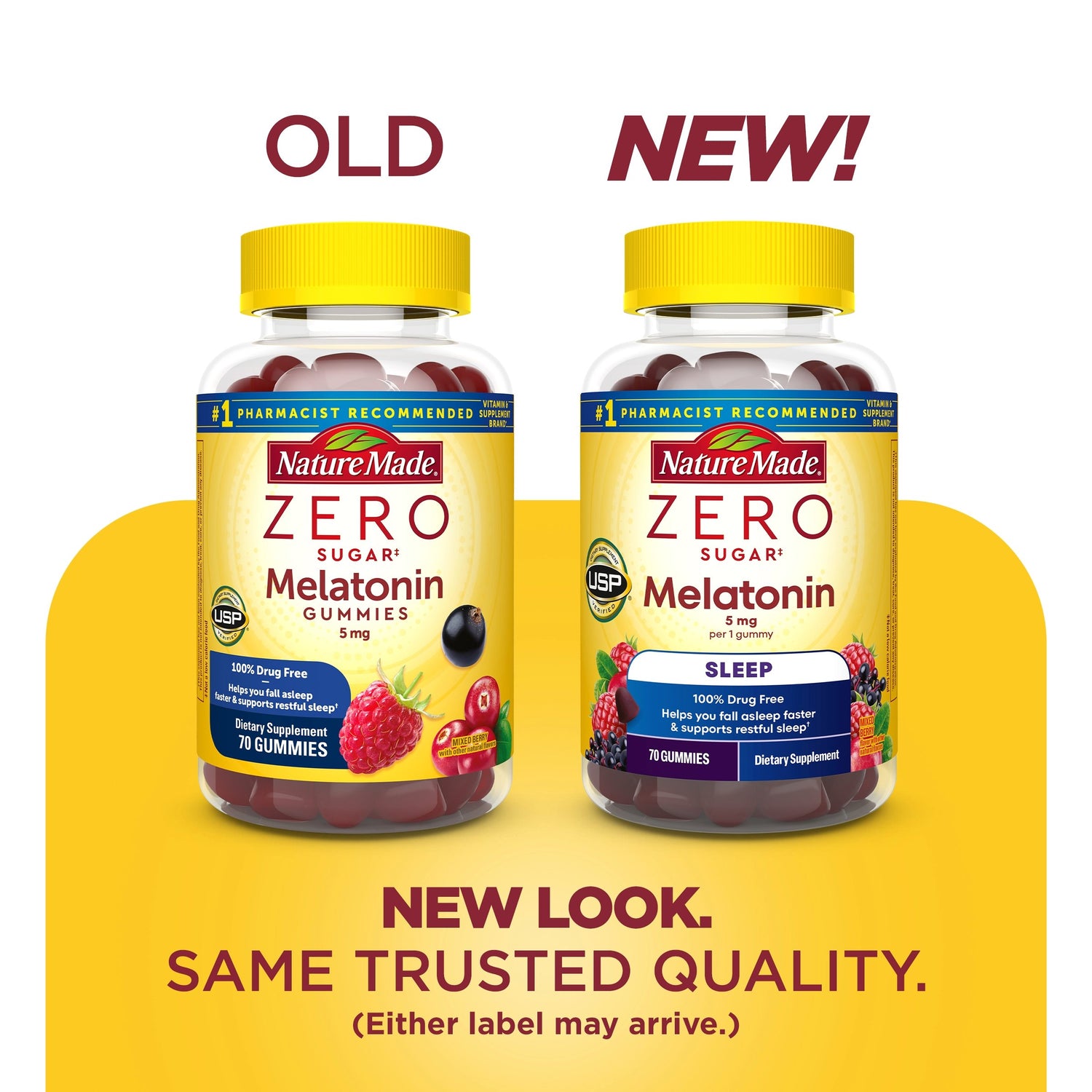 Zero Sugar‡ Melatonin Extra Strength 5 Mg Gummies | Zero sugar melatonin gummies showing old and new packaging comparison with updated label design