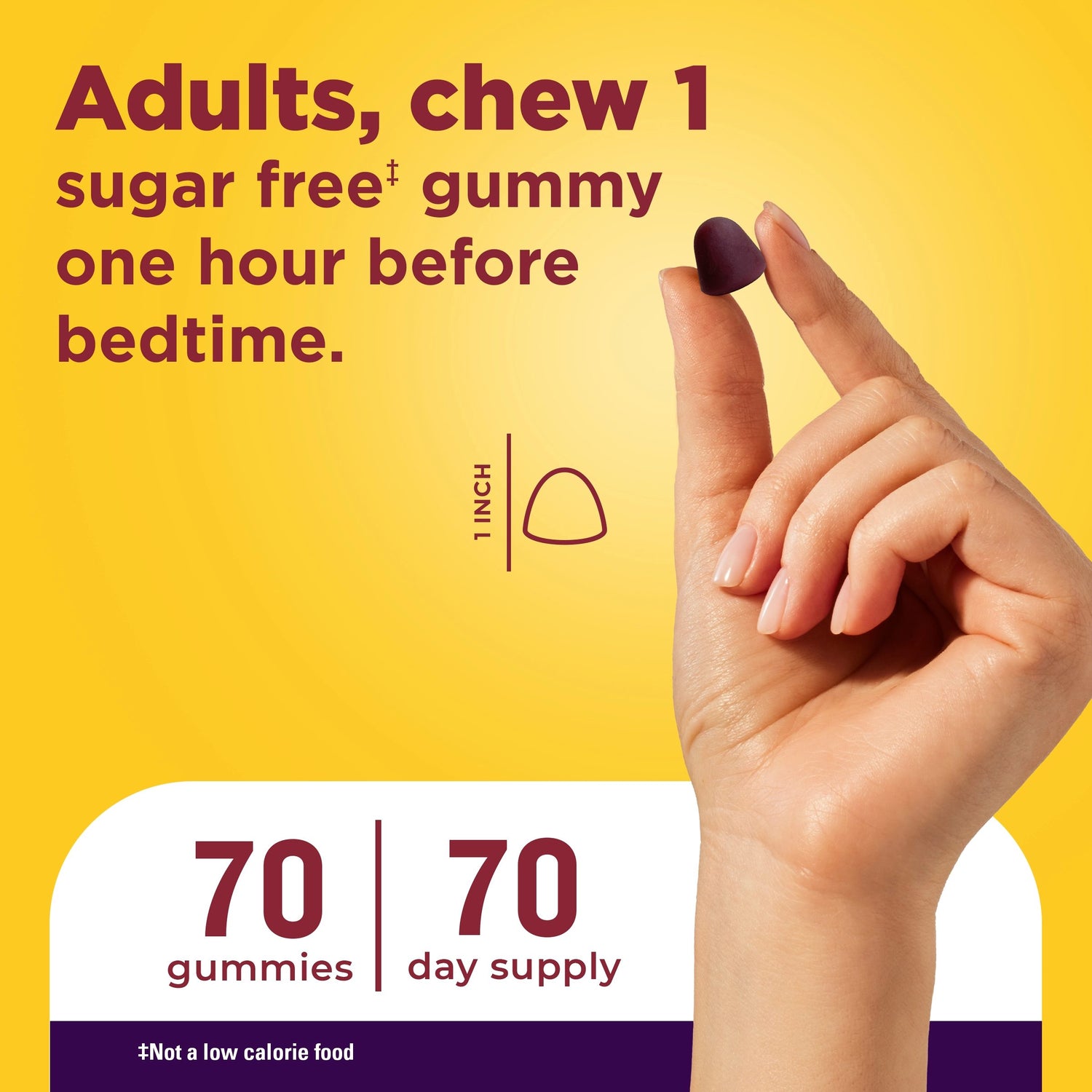 Zero Sugar‡ Melatonin Extra Strength 5 Mg Gummies | Hand holding purple gummy with text adults chew one sugar-free gummy one hour before bedtime
