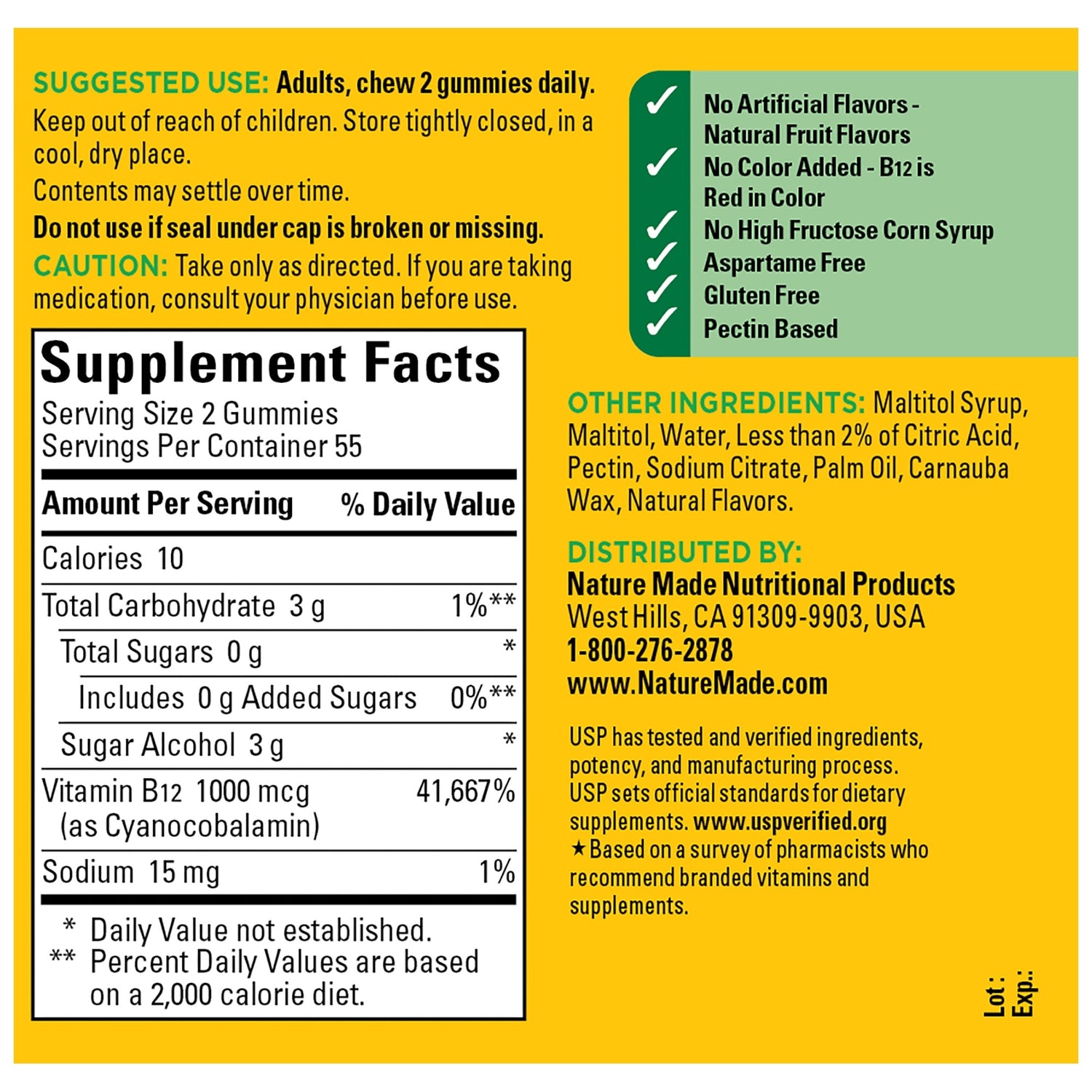 Zero Sugar‡ Energy◆ B12 Gummies 1000 Mcg Per Serving | Nature Made Zero Sugar B12 Gummies supplement facts and ingredient information panel