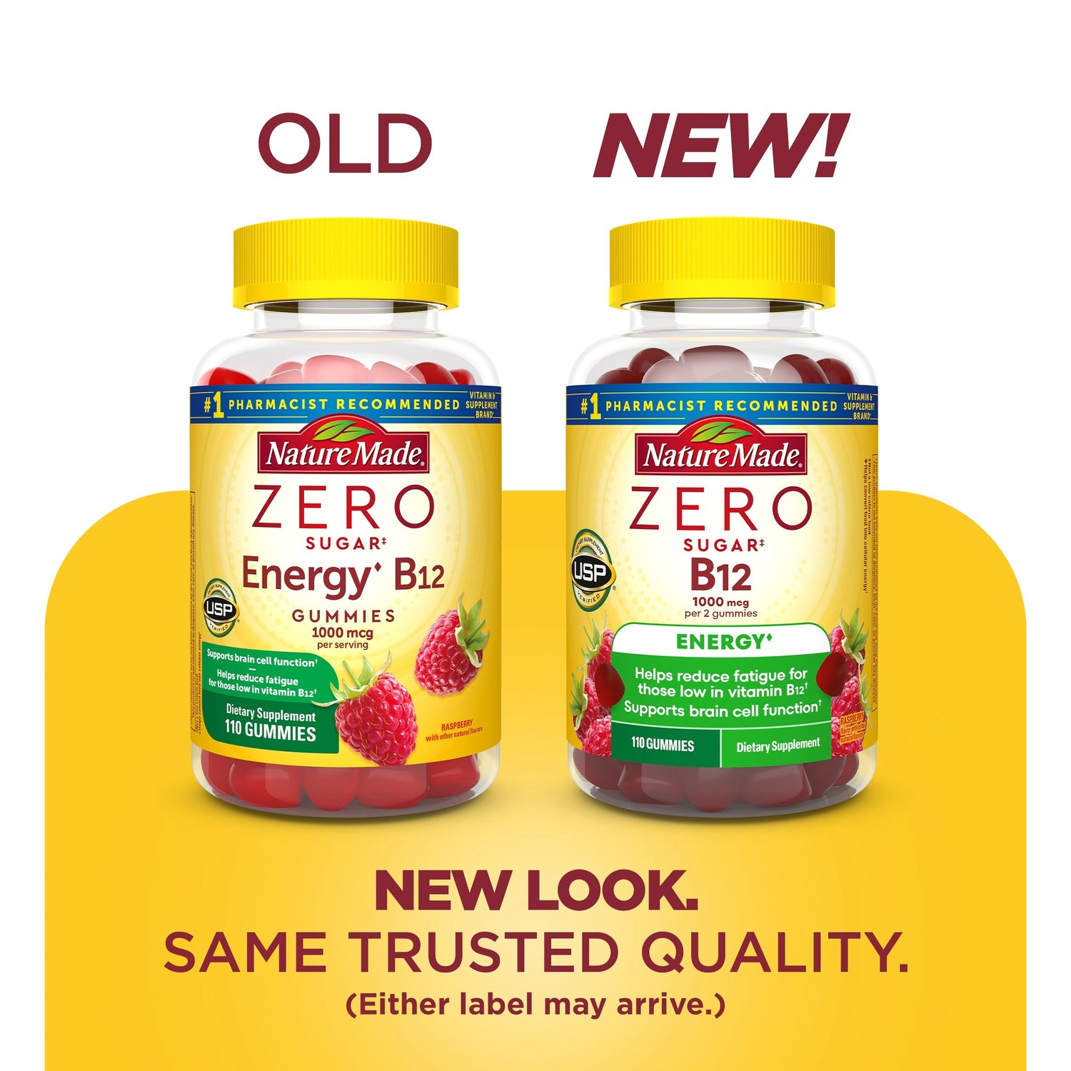 Zero Sugar‡ Energy◆ B12 Gummies 1000 Mcg Per Serving | Nature Made Zero Sugar B12 Gummies old and new packaging comparison