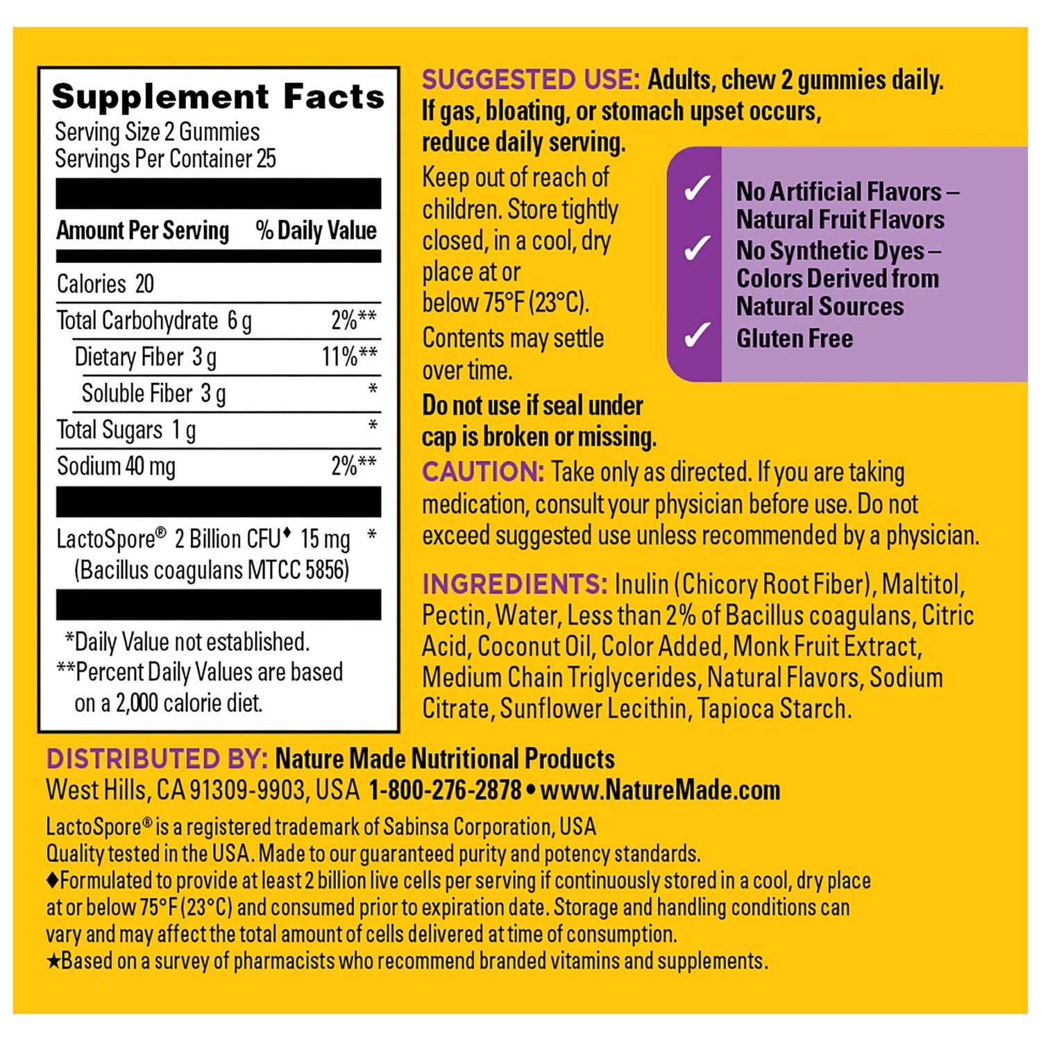 Probiotic + Prebiotic Fiber Gummies | Nature Made Probiotic + Prebiotic Fiber gummies Supplement Facts panel showing probiotics, fiber content, ingredients, and usage directions for gummies.