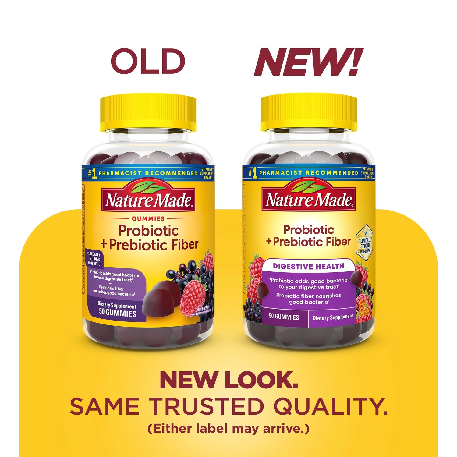 Probiotic + Prebiotic Fiber Gummies | Nature Made probiotic gummies old and new packaging comparison with same trusted quality message.