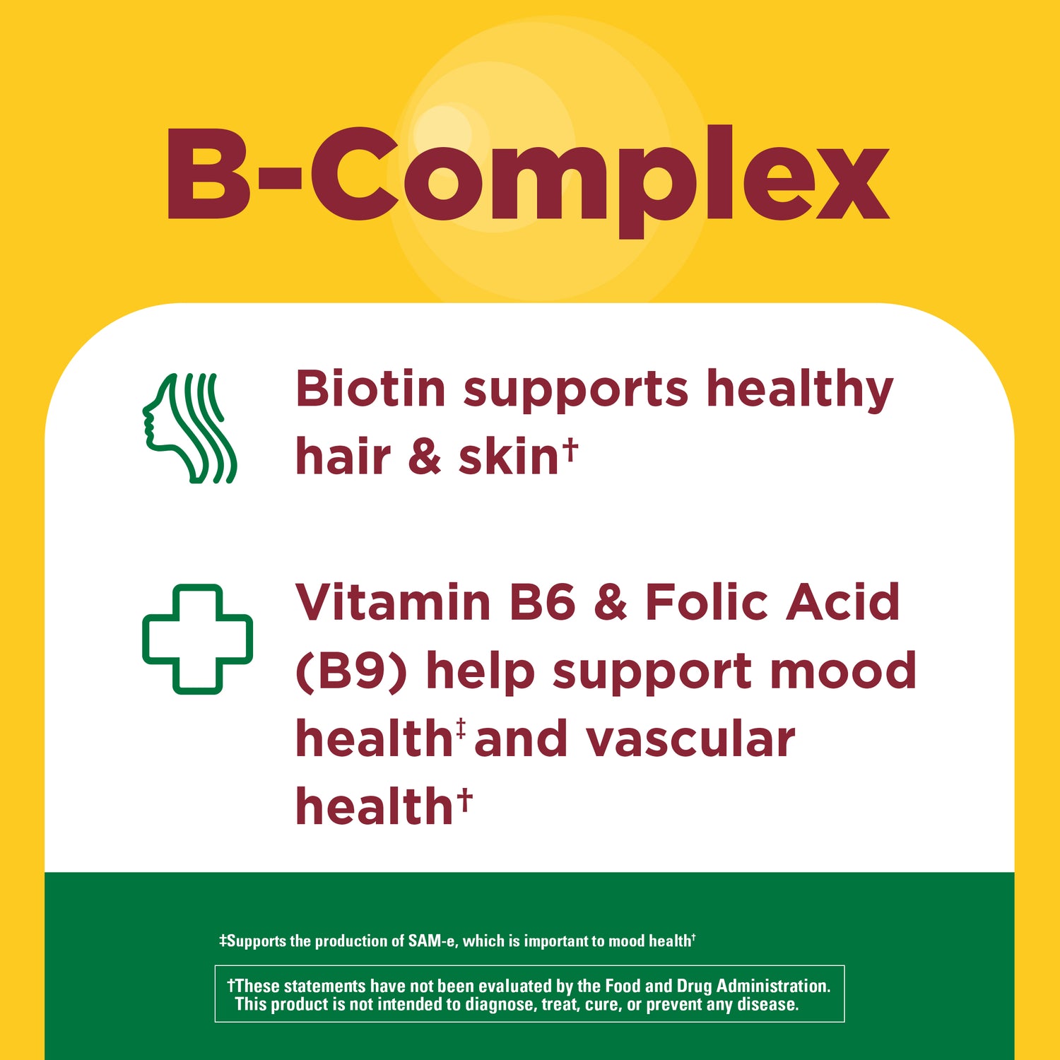 B-Complex Gummies | B‑Complex gummies graphic highlighting biotin for healthy hair and skin and B vitamins for mood and vascular health support.