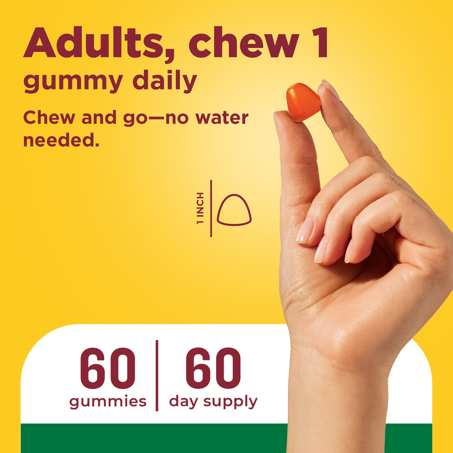 B-Complex Gummies | Hand holding a gummy with dosage instructions showing one gummy daily, chew‑and‑go use, and 60‑gummy 60‑day supply text.