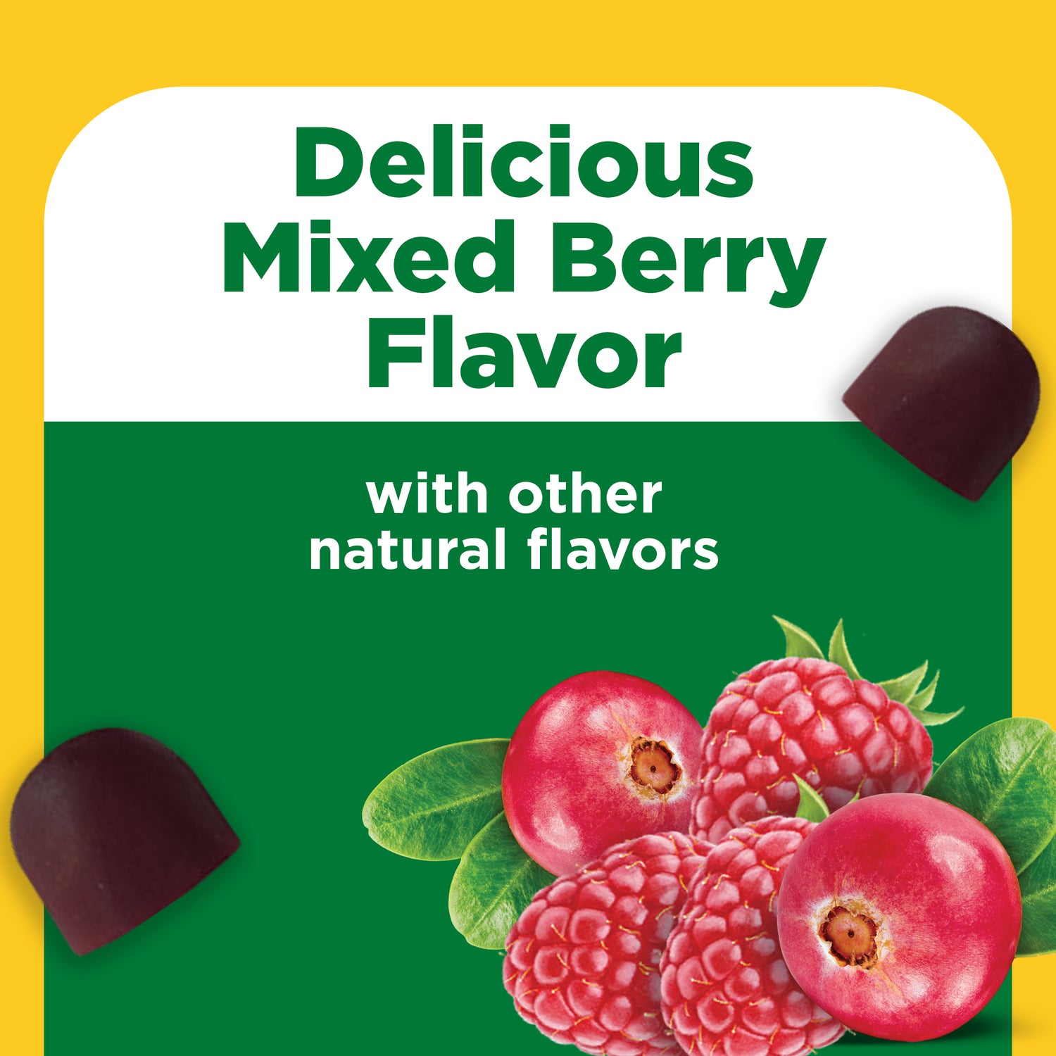 Cranberry 500 mg Per Serving + Vitamin C Gummies | Nature Made Cranberry Gummies featuring delicious mixed berry flavor with natural flavors and berry imagery.