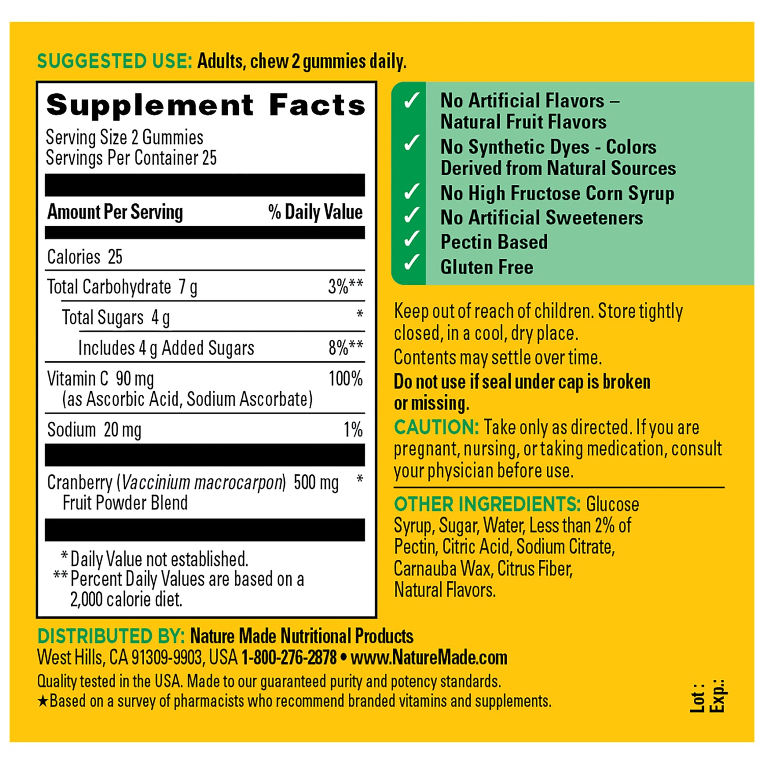 Cranberry 500 mg Per Serving + Vitamin C Gummies | Nutritional label for Cranberry With C Gummies supplement with ingredients and usage instructions.