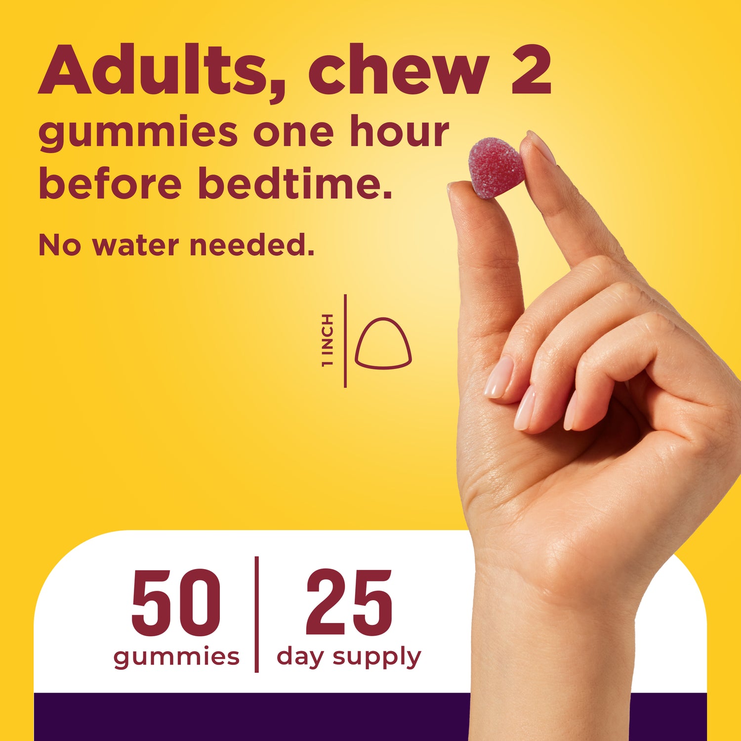 Melatonin 3 mg + Magnesium 100 mg Sleep and Relax Gummies | Hand holding a gummy with dosage instructions showing adults chew two gummies one hour before bedtime, no water needed, 50 gummies 25‑day supply.