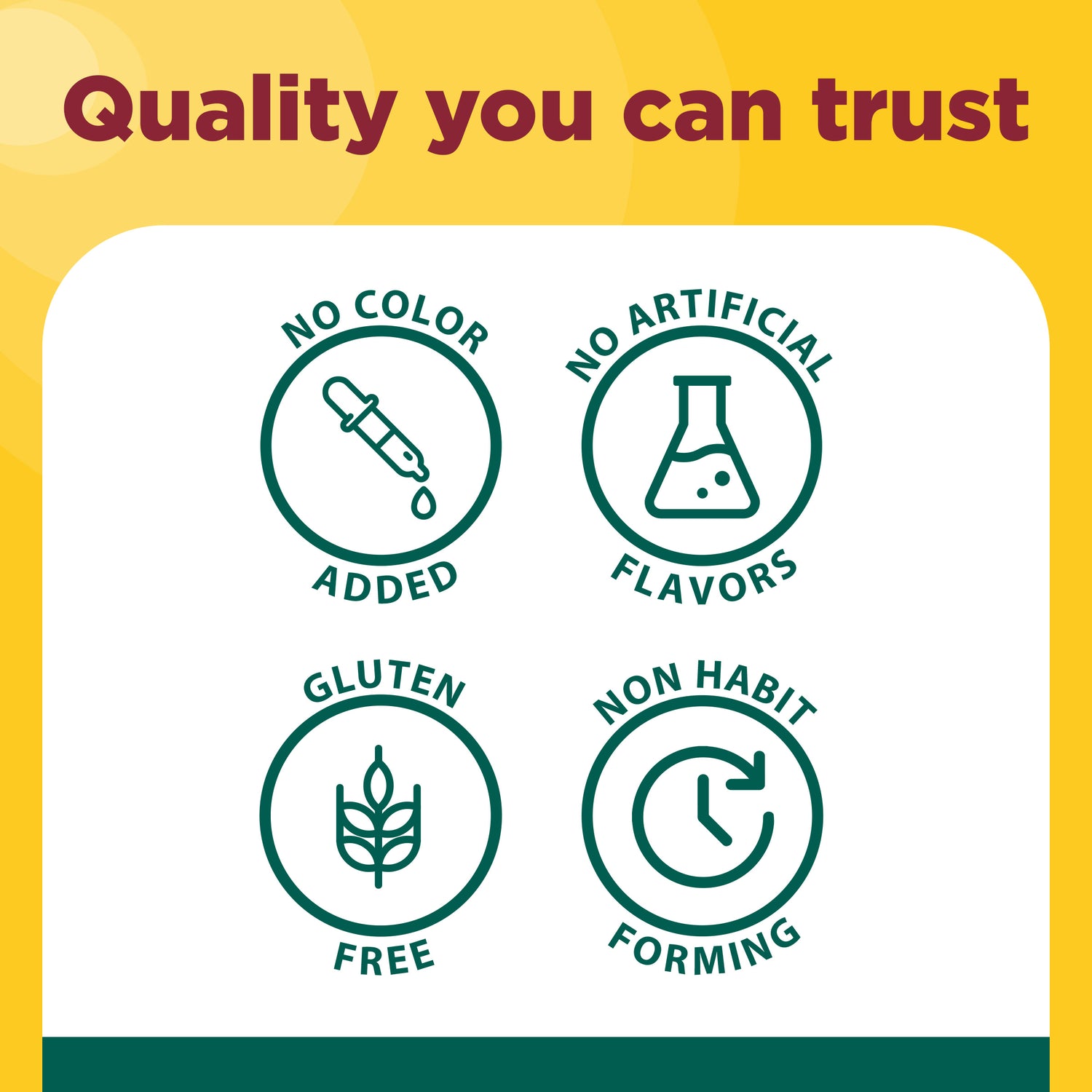 Focus Boost Capsules | Nature Made Focus Boost Capsules benefits icons with quality you can trust copy on a yellow background.