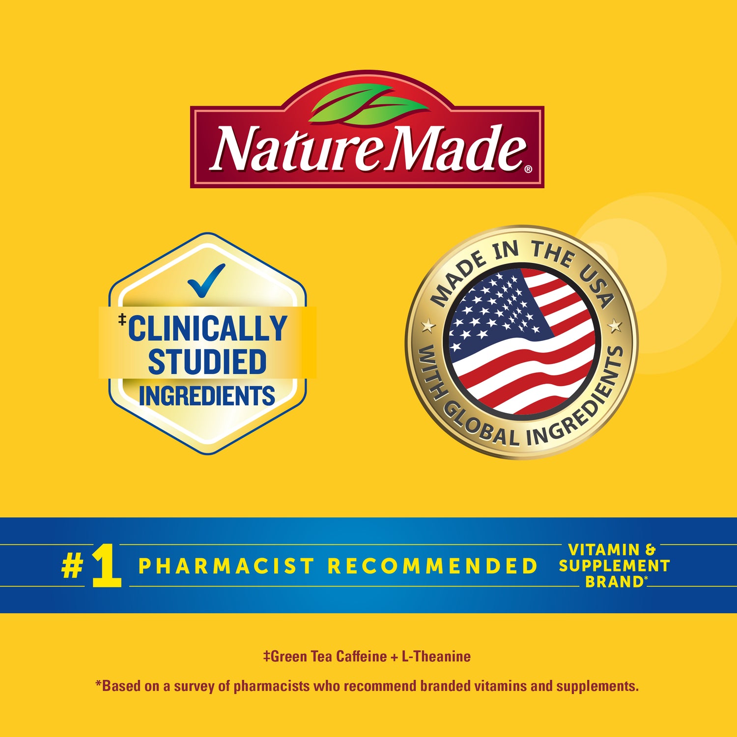 Focus Boost Capsules | Nature Made supplement packaging with clinically studied ingredients and made in the USA claims on a yellow background.