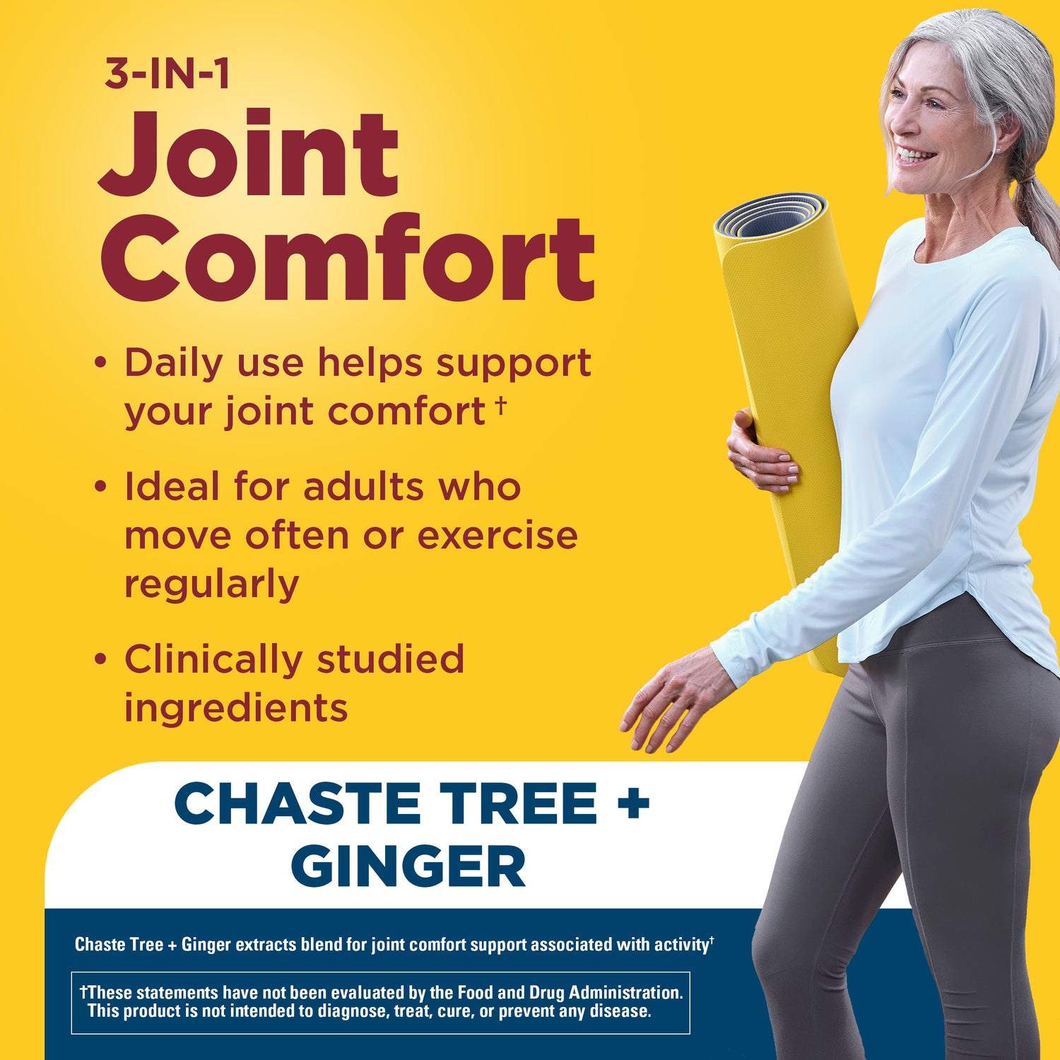 3-In-1 Joint Comfort Capsules | Advertisement for 3-IN-1 Joint Comfort product with a woman holding a yoga mat on a yellow background with text describing 3‑in‑1 joint comfort with chaste tree and ginger.