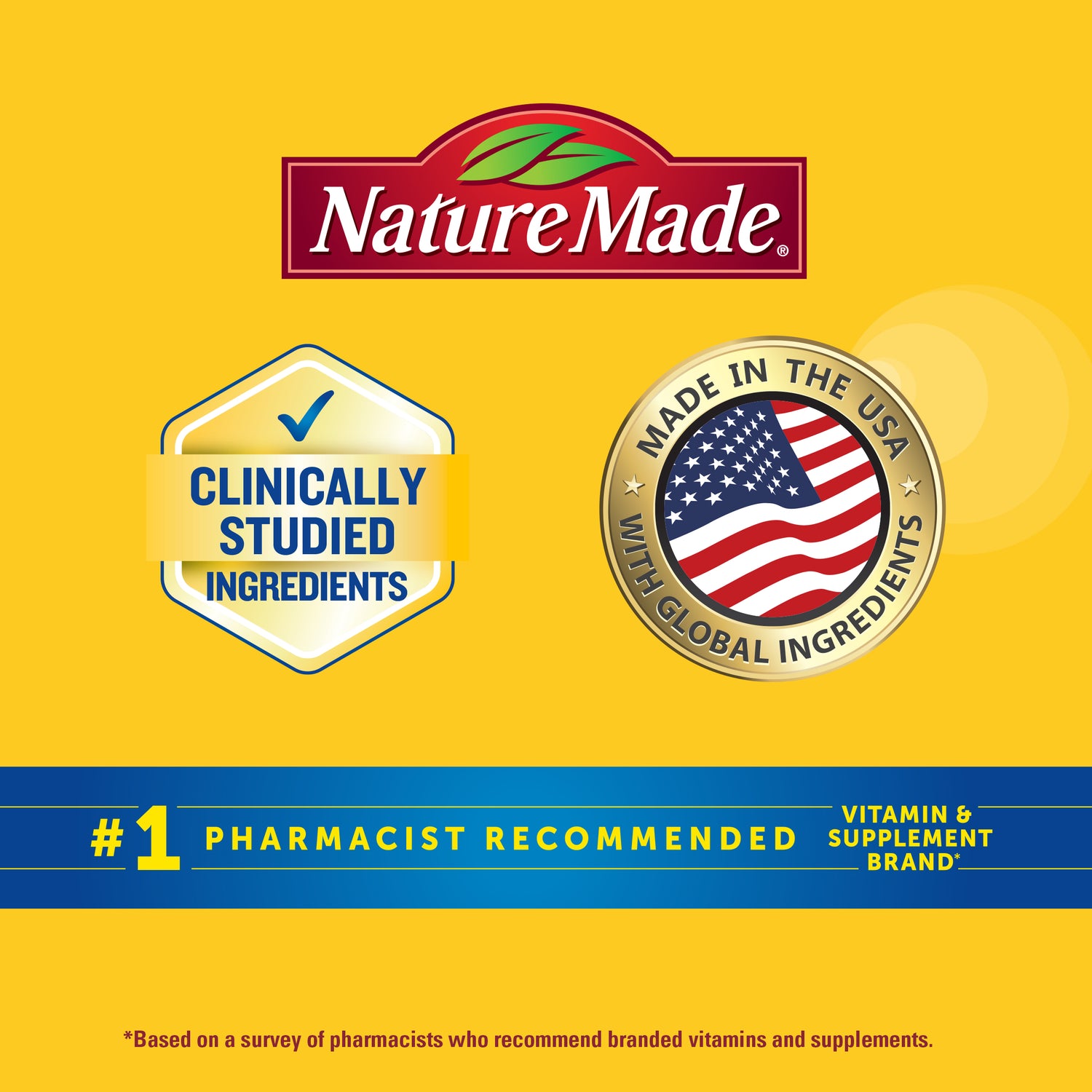 3-In-1 Joint Comfort Capsules | Nature Made supplement packaging with clinically studied ingredients and made in the USA claims on a yellow background.