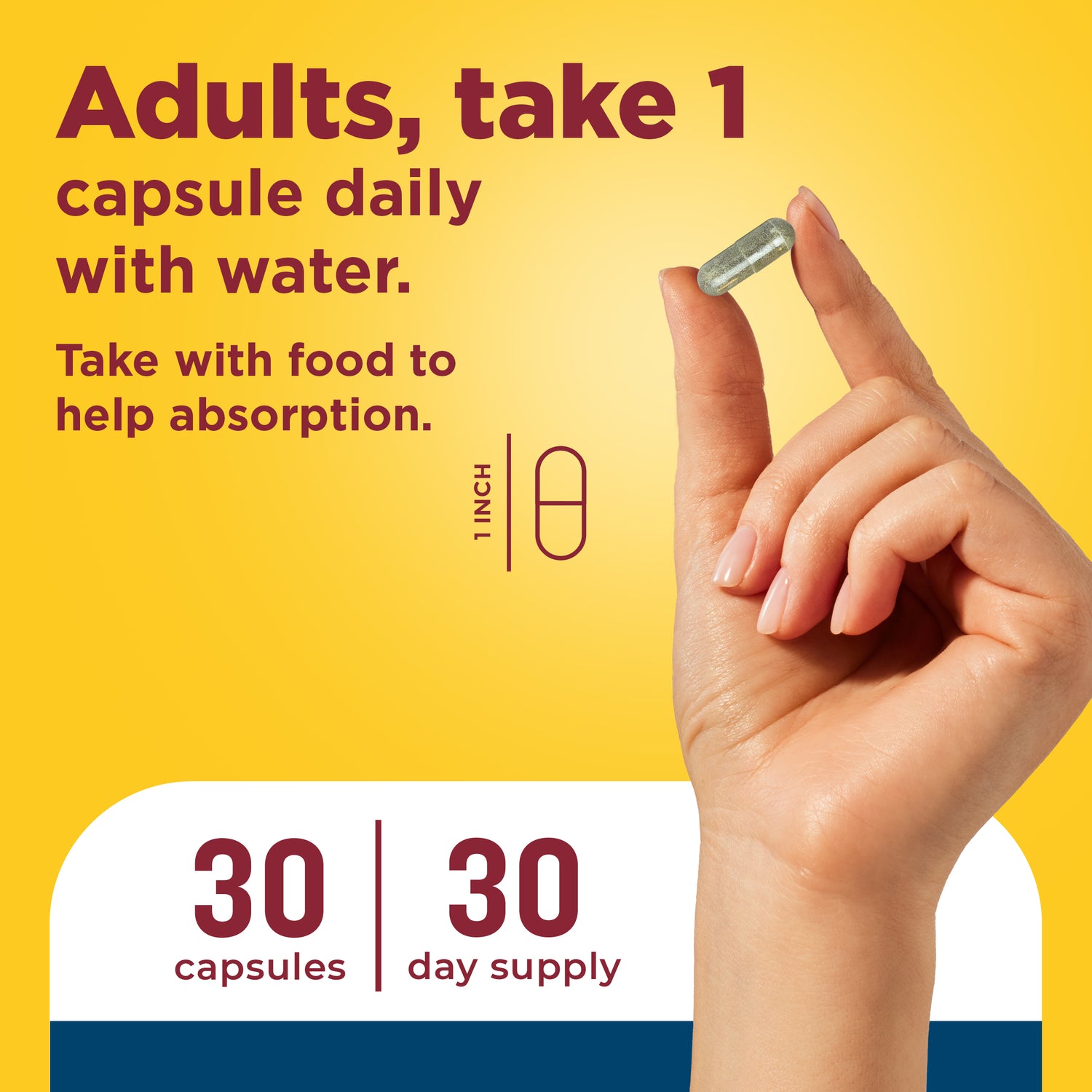 3-In-1 Joint Comfort Capsules | Hand holding a capsule with dosage instructions showing one capsule daily and 30‑day supply on a yellow background