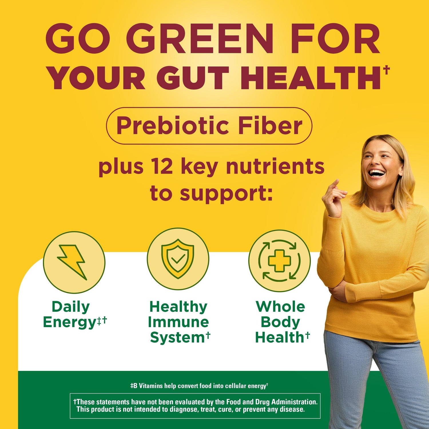 SuperGreens with Prebiotic Fiber Powder Drink Mix | Go green for your gut health prebiotic fiber text with a woman in yellow shirt on a yellow background