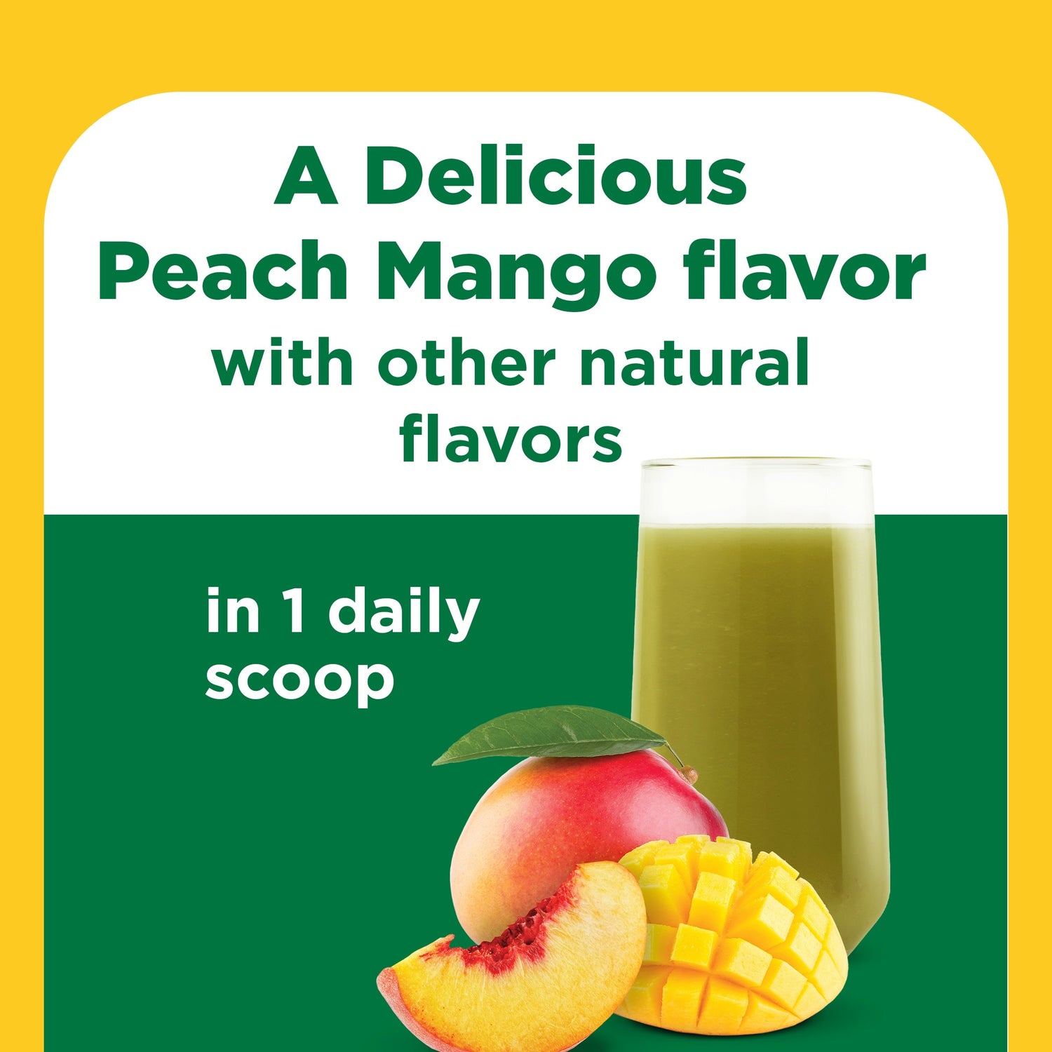 SuperGreens with Prebiotic Fiber Powder Drink Mix | Glass with peach and mango illustration and A delicious peach mango flavor text  on a yellow background
