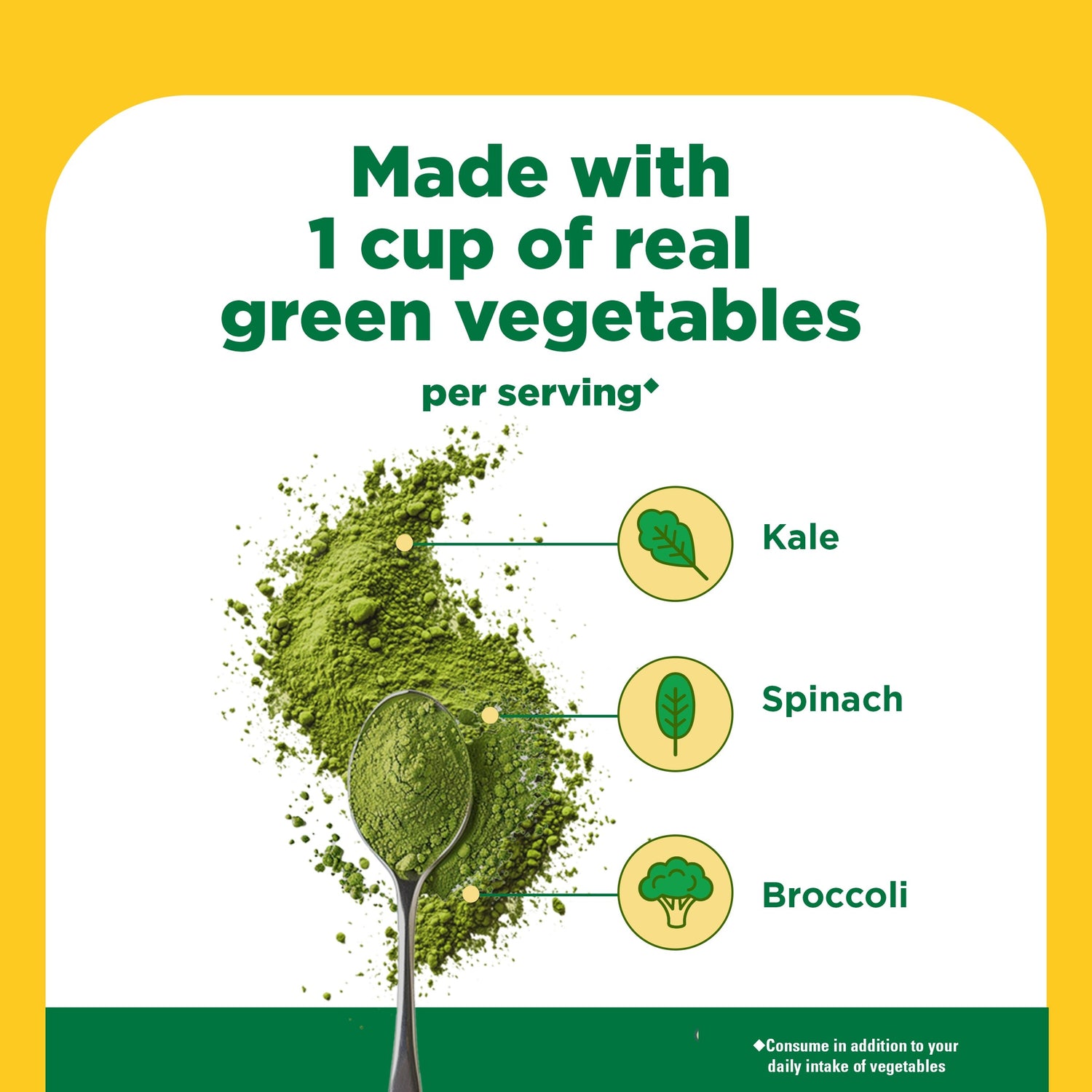 SuperGreens with Prebiotic Fiber Powder Drink Mix | SuperGreens powder with a spoon and labeled greens icons on a yellow and green background