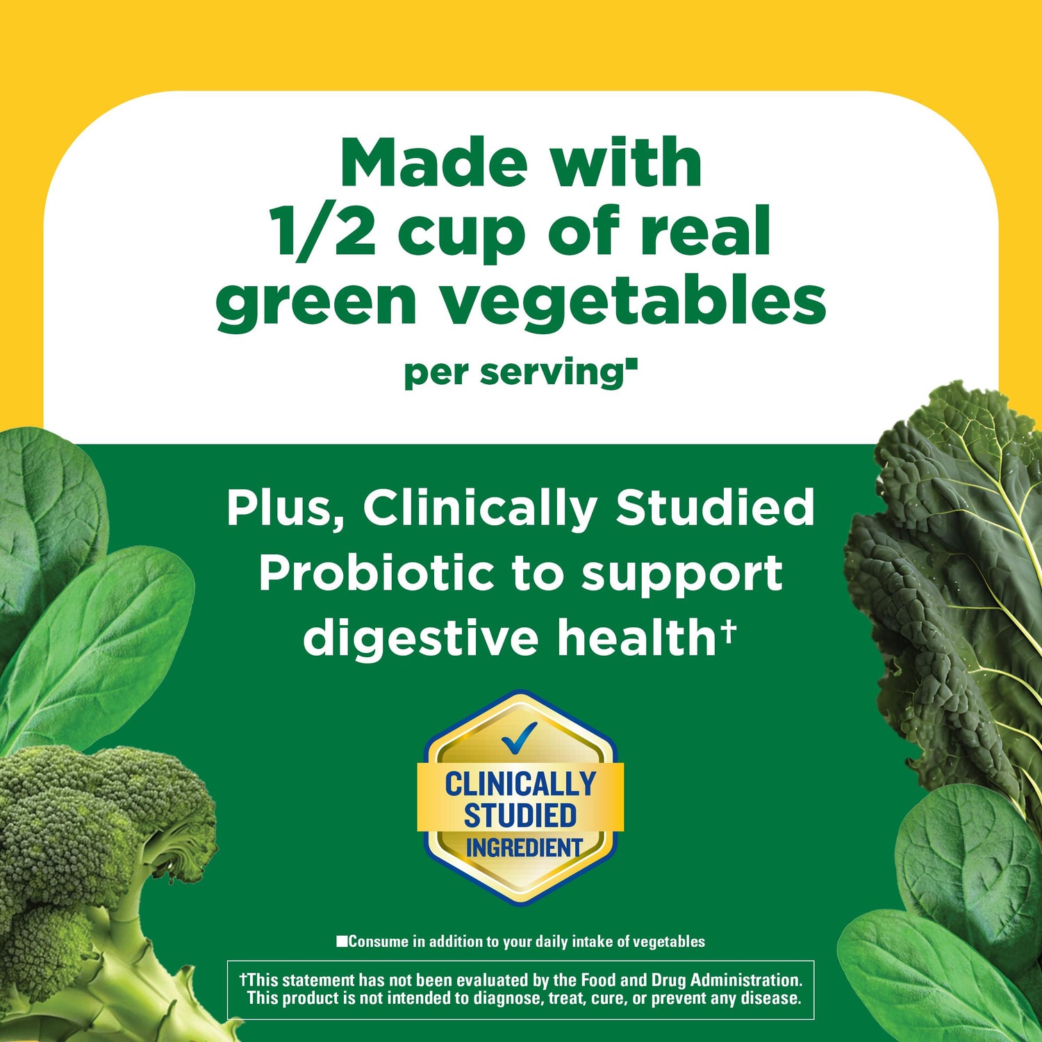 SuperGreens with 2 Billion CFU◆ Probiotics Capsules | Green vegetables and Made with 1/2 cup of real green vegetables text for digestive health on a yellow and green background.