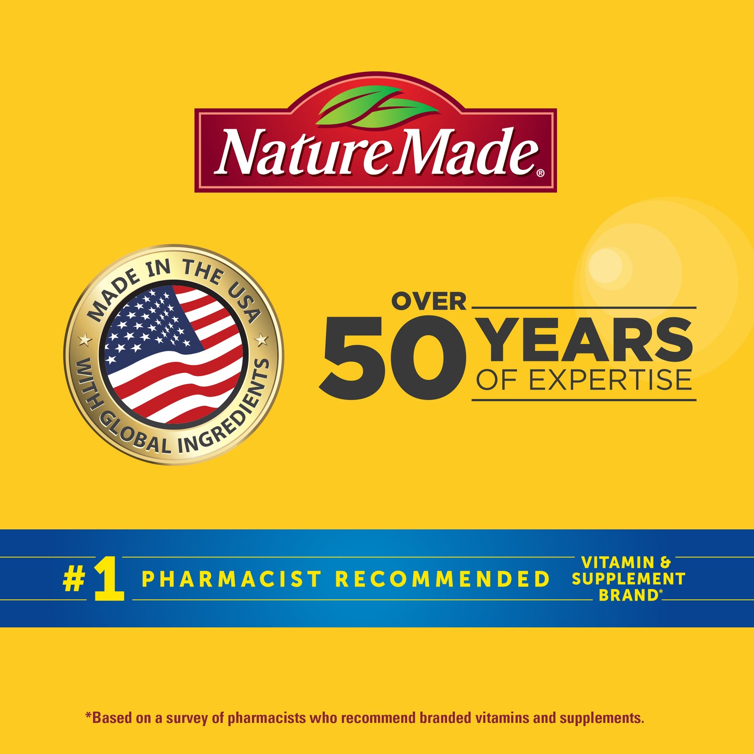Advanced Hair, Skin & Nails Gummies | Nature Made logo with icons showing made in USA, over 50 years of expertise, and #1 pharmacist recommended brand.