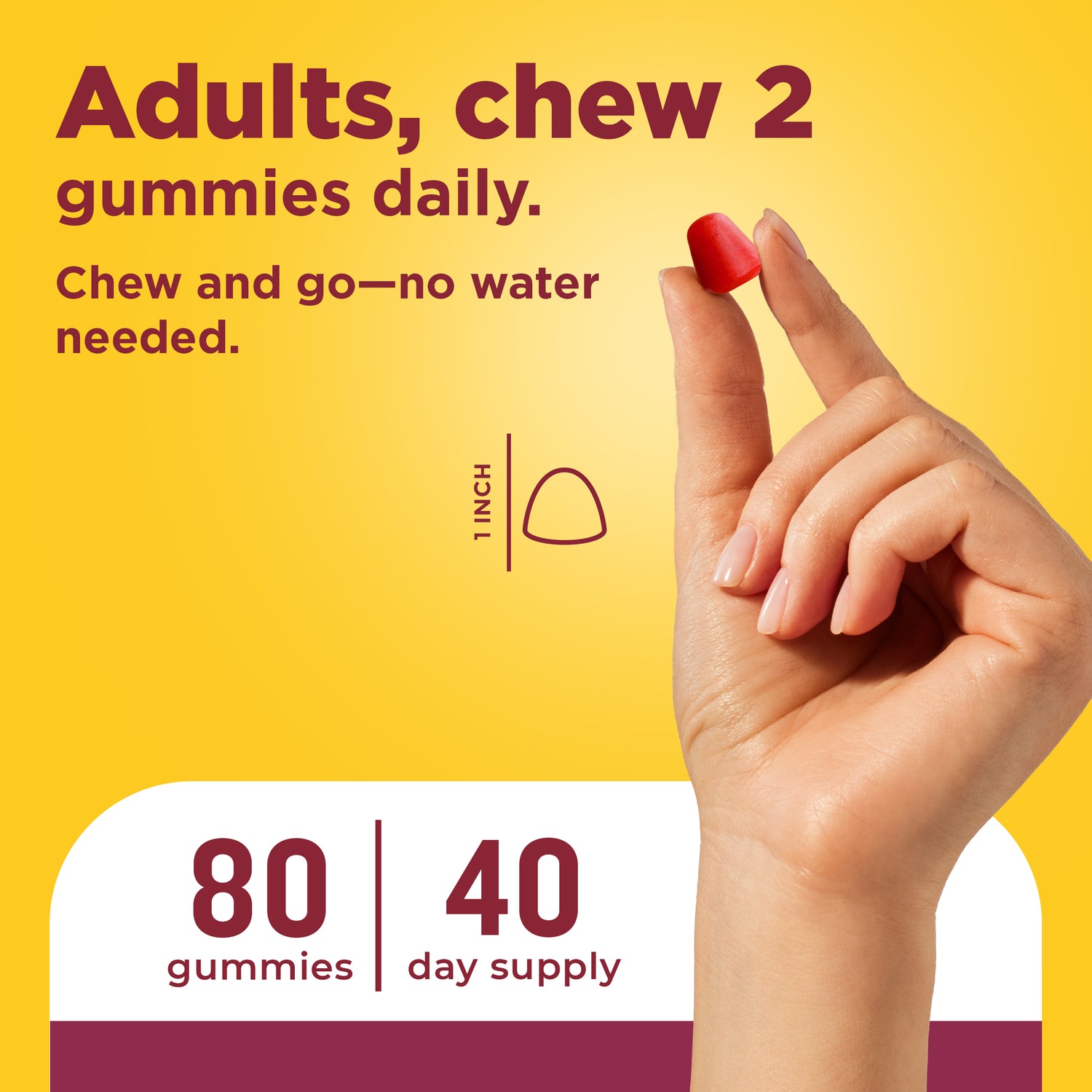 Advanced Hair, Skin & Nails Gummies | Hand holding a red gummy supplement with text showing daily dosage, chewable use, and 40‑day supply.
