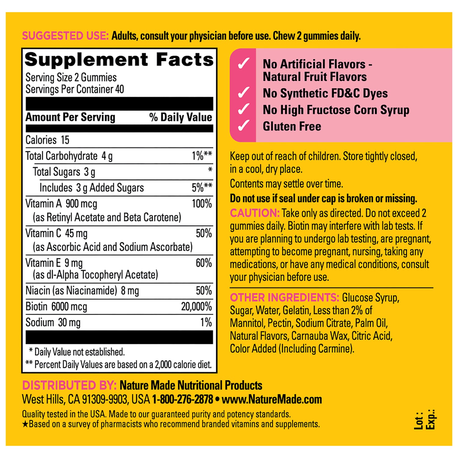 Advanced Hair, Skin & Nails Gummies | Nature Made Advanced Hair, Skin & Nails Gummies showing Supplement Facts, Biotin 6000 mcg, vitamins A, C, E, niacin, suggested use instructions, ingredients, and product information. Label highlights no artificial flavors, no synthetic FD&C dyes, no high fructose corn syrup, and gluten free.