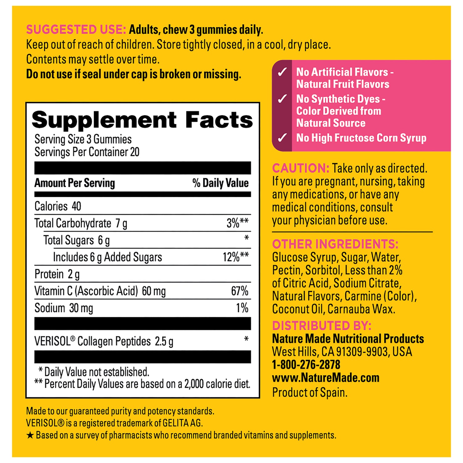 Collagen Peptides + C Gummies | Nature Made Collagen Peptides + C gummy Supplement label with detailed nutritional information and ingredients on a yellow background.