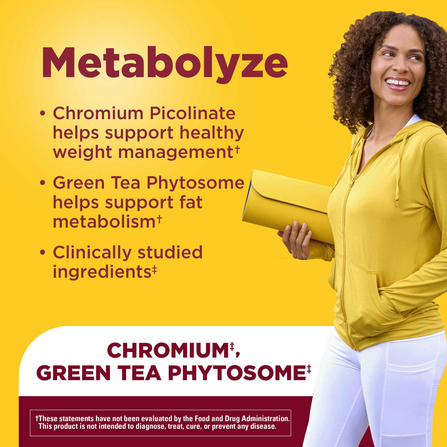 Metabolyze Capsules With Chromium, Green Tea Phytosome & B12 | Woman holding a yellow package with Metabolize supplement benefits supporting healthy metabolism and weight management with chromium and green tea phytosome.