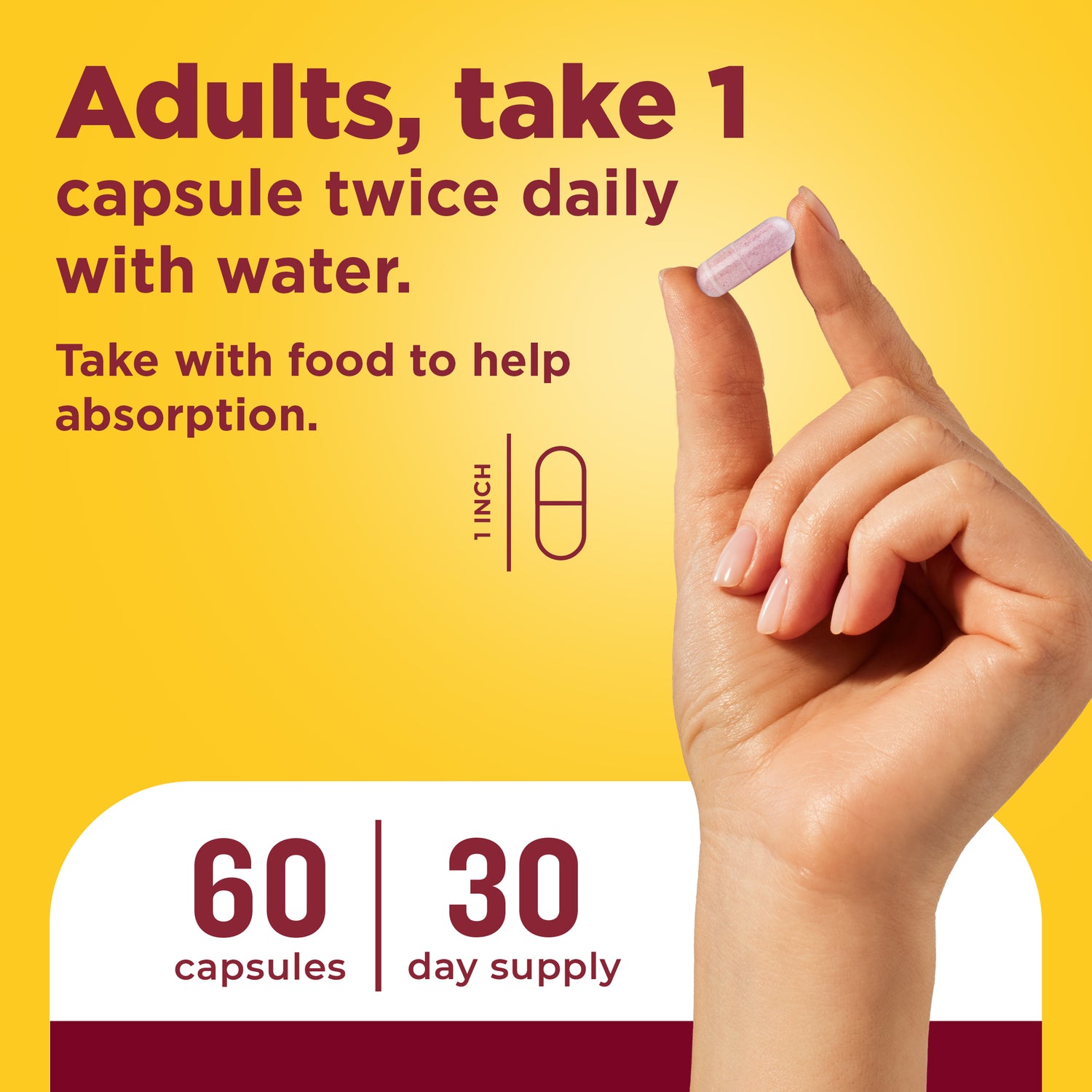 Metabolyze Capsules With Chromium, Green Tea Phytosome & B12 | Hand holding a capsule with dosage instructions showing adults take one capsule twice daily with water and food, 60 capsules 30‑day supply.